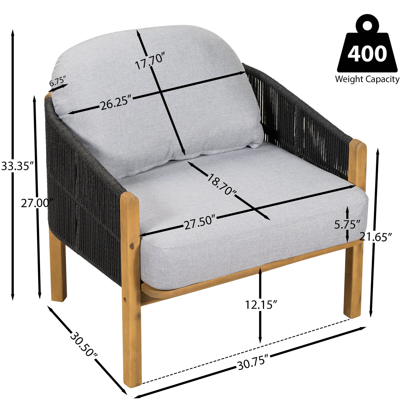 Grotta Outdoor Wood Club Chair, Dark Gray Rope with Gray Cushion