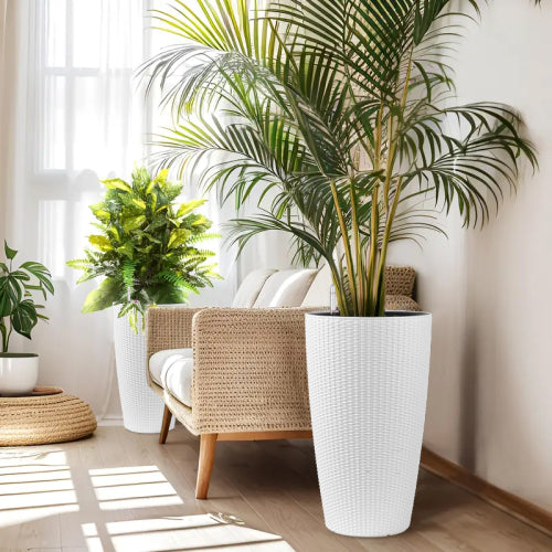 2-Piece Wicker Outdoor Planter Set with Water Level Monitoring Inner Bucket for Gardens, Patios, and Backyards, White