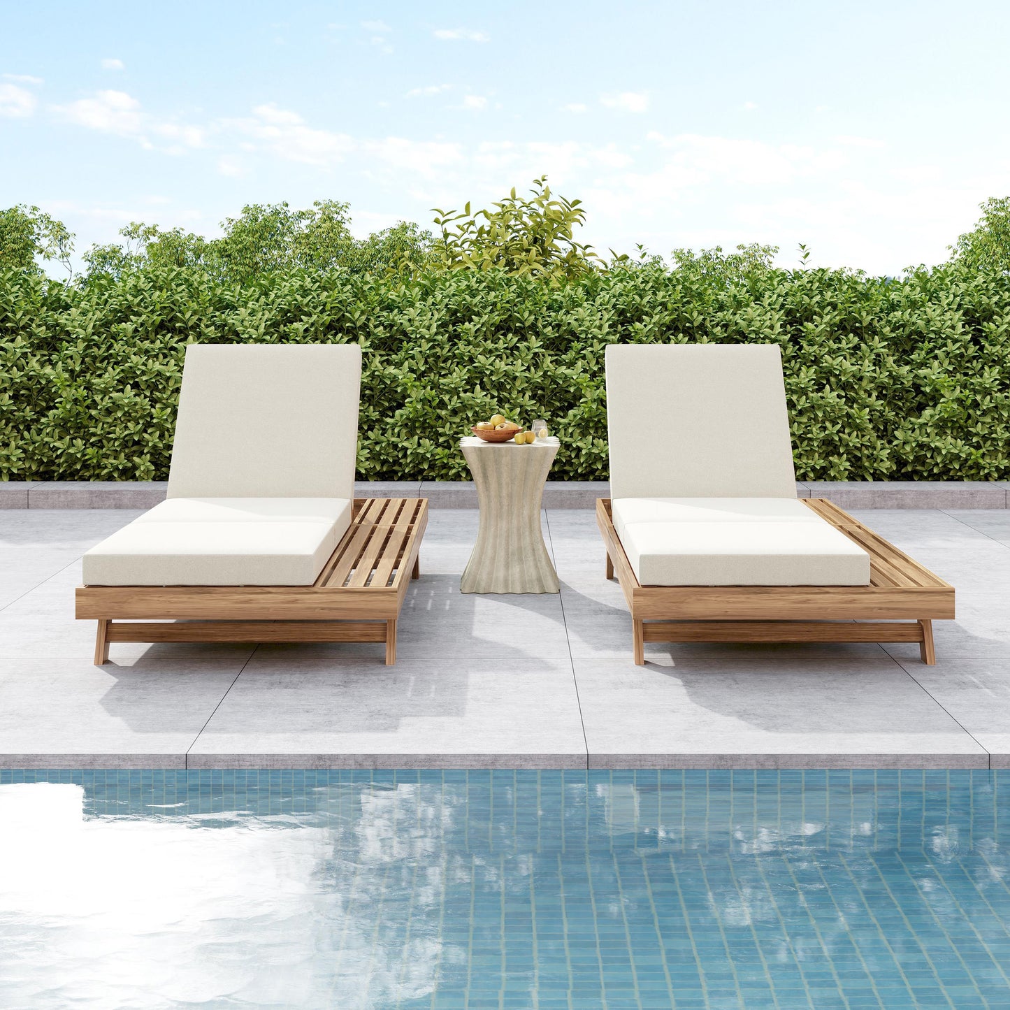 Lounge Chaise Set, Space Available On One Side, Acacia Solid Wood In light brown With Lounge Cushion (Cream & Triple Fold) – Matching Dark Grey Version Available