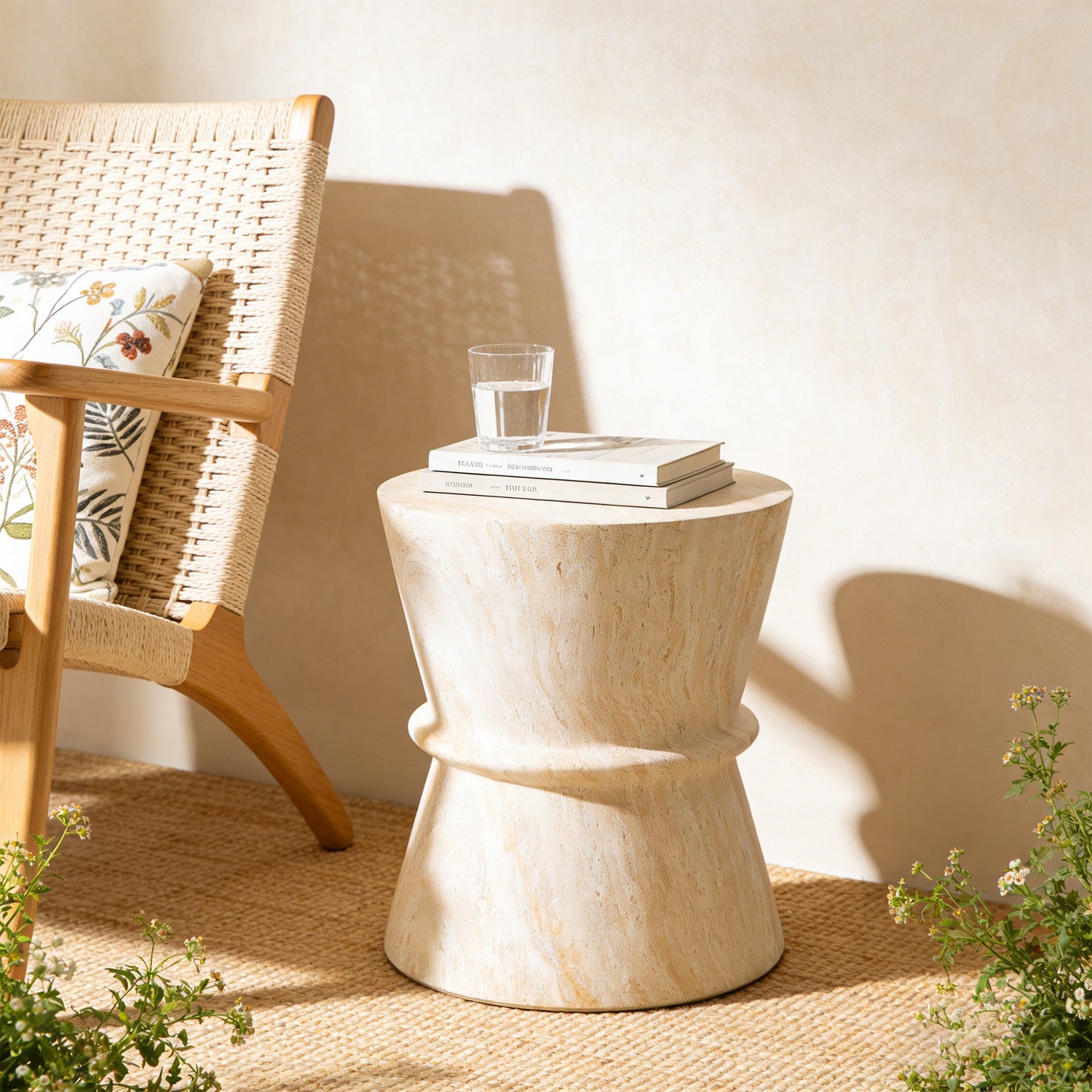 U_Style Hourglass shape Outdoor Side Table, Concrete Contemporary Lightweight Accent Table with Simulated stone texture , Outdoor Accent End Table for Livingroom, Garden.