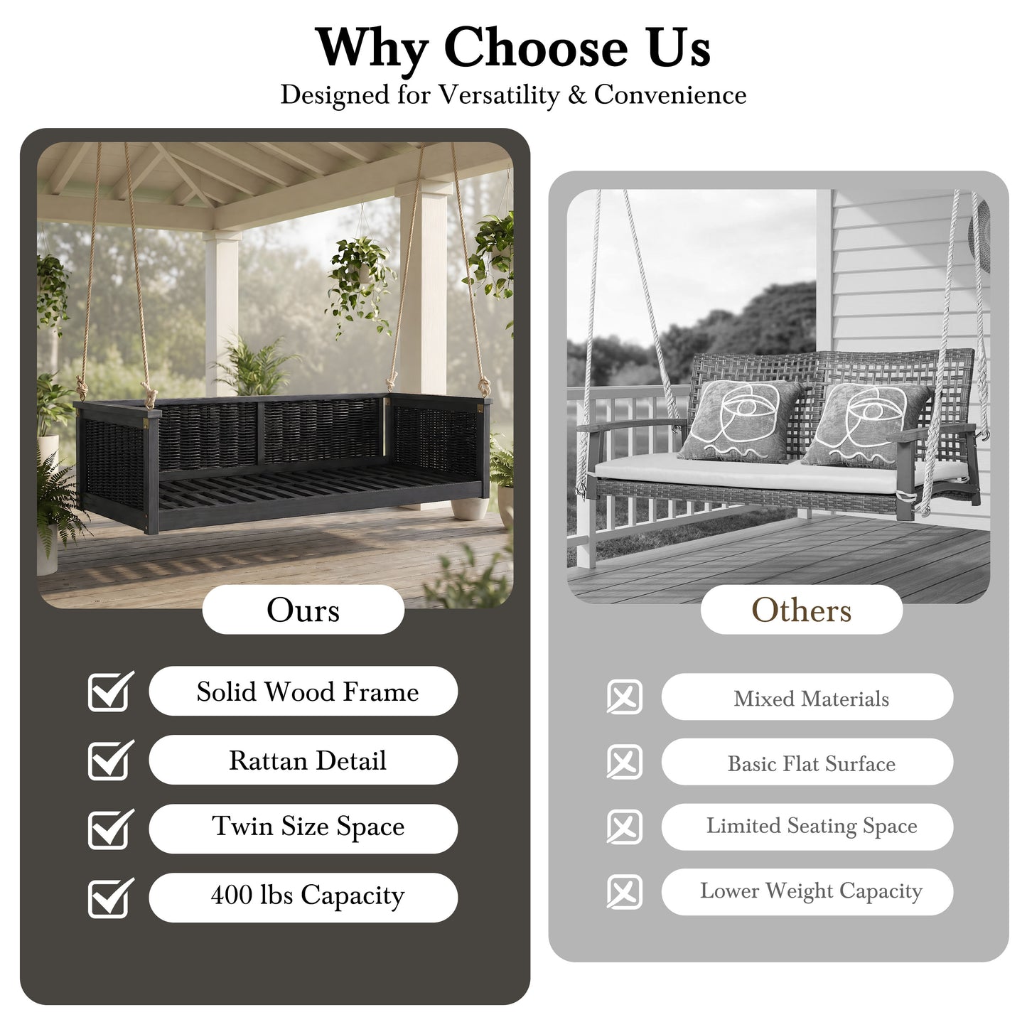 TOPMAX Outdoor Classic Solid Wood Twin Size Swing Bed,Garden Porch Rattan Swing Frame with Long Ropes for Poolside, Backyard, BLACK