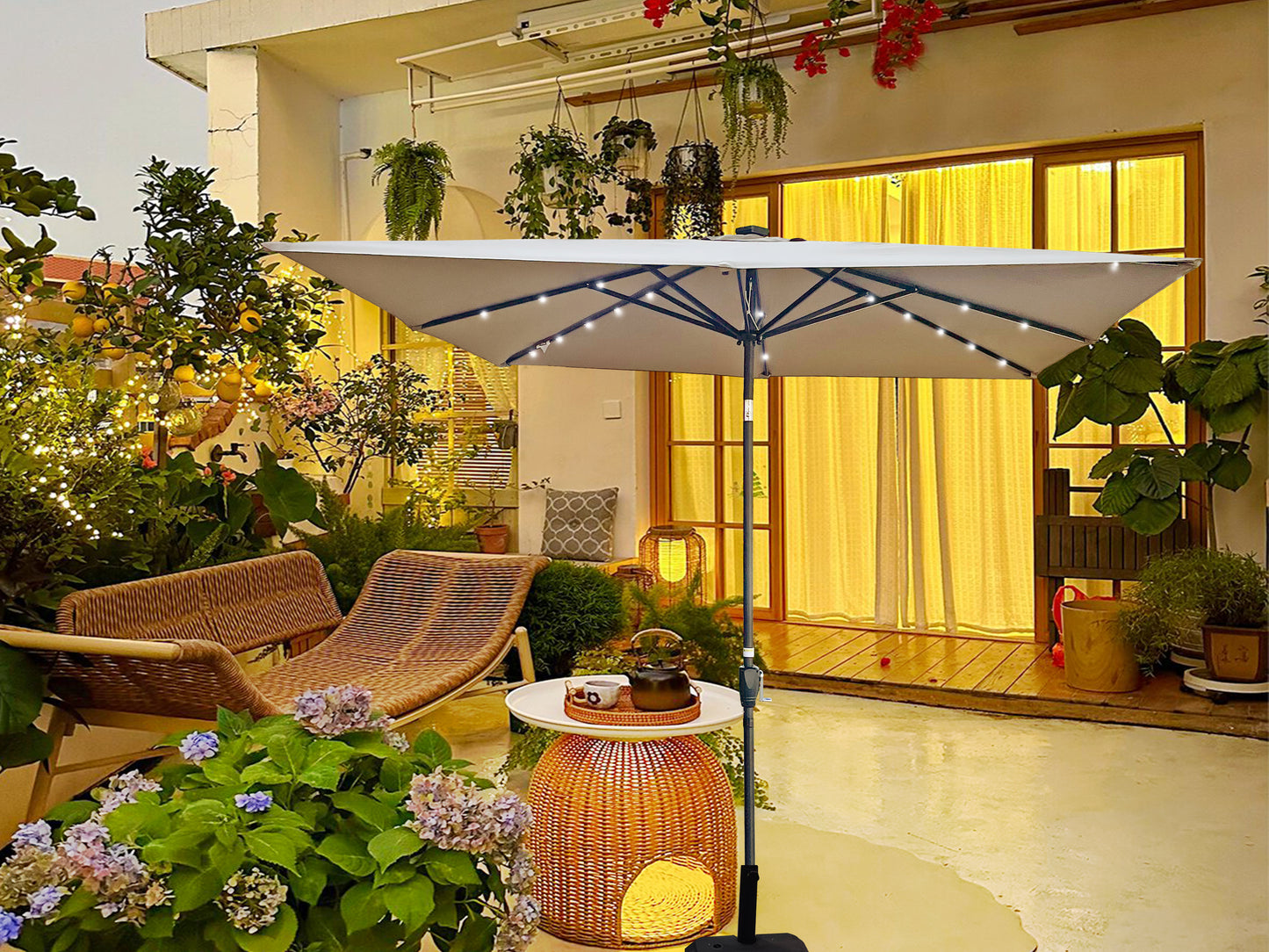 Square 2.5X2.5M Outdoor Patio Umbrella Solar Powered LED Lighted Sun Shade Market Waterproof 8 Ribs Umbrella with Crank and Cross Base for Garden Deck Backyard Pool Shade Outside Deck Swimming Pool