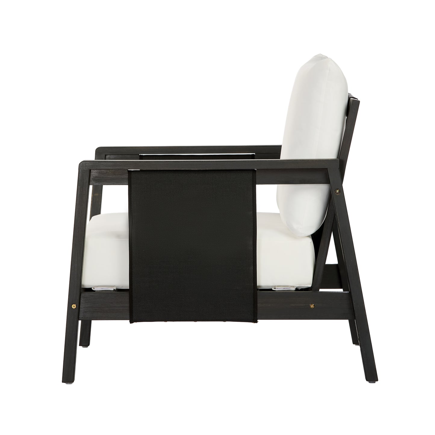 Outdoor Club Chair, Acacia Wood Frame with Black Textilene Accents, Water-Repellent White Cushions for Patio/Backyard/Deck