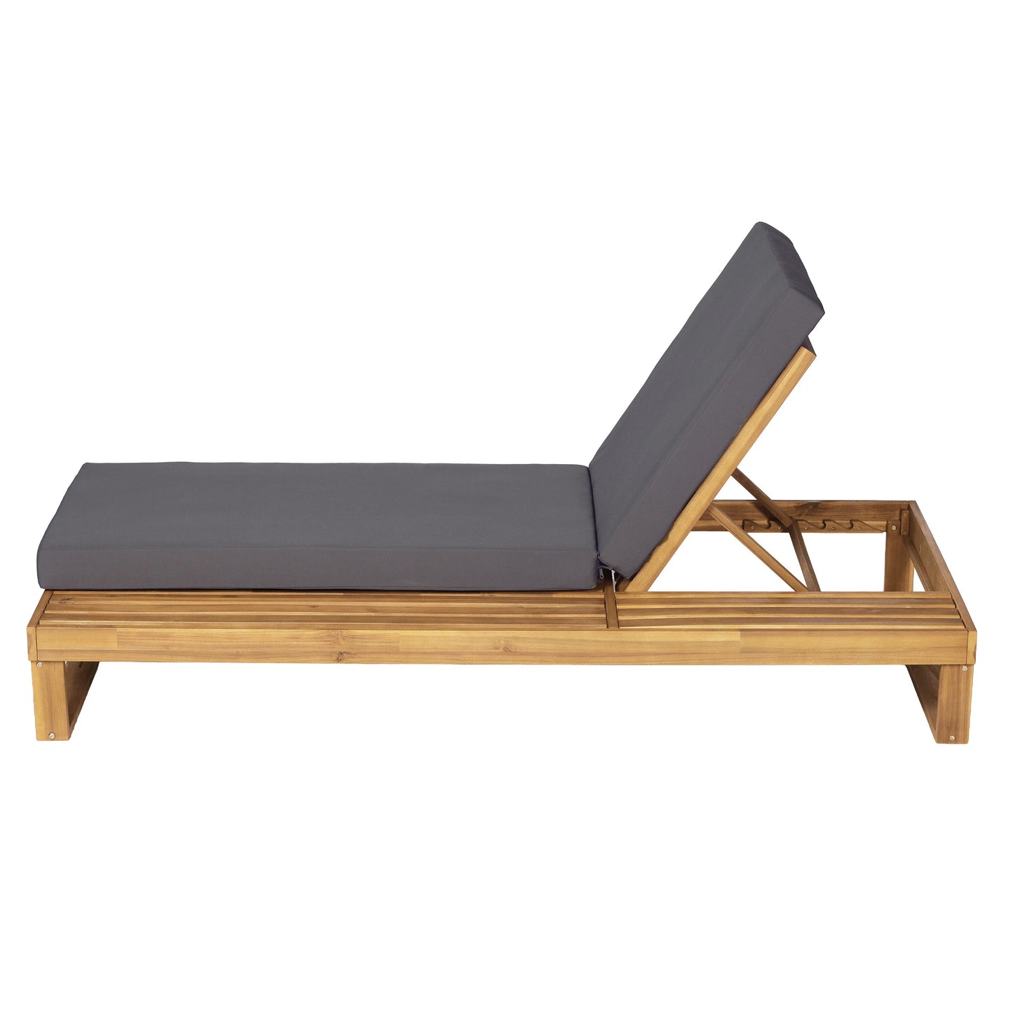 Teak Finish Acacia Wood Chaise Lounge with 4-Inch Dark Grey 2-Fold Cushion Set, 4-Position Adjustable Outdoor Patio Lounger with Flat Side Surface, for Poolside - Matching cream version available