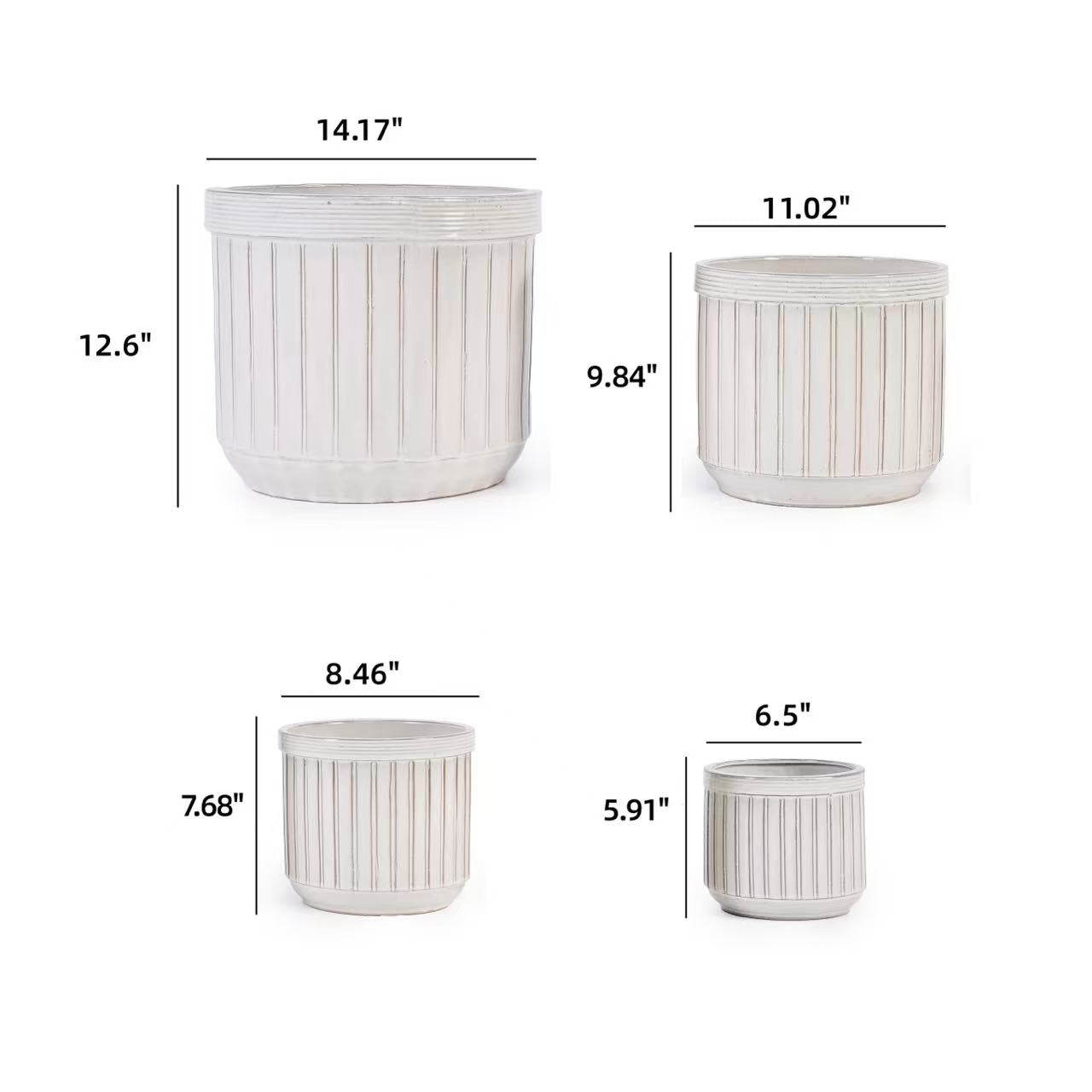 Handmade White Ceramic Planter Set of 4, 6/8/10/12 Inch Diameter, Vertical Line Pattern for Succulents & Cacti, Indoor/Outdoor Use on Windowsill & Bookshelf, Breathable Material