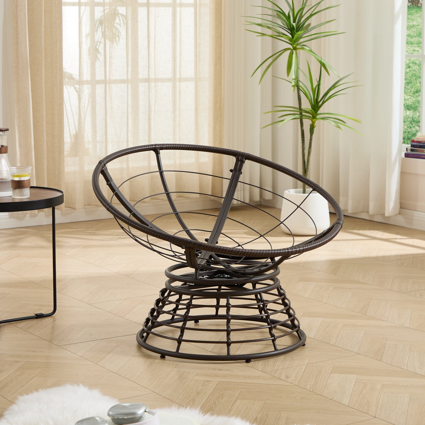 Comfortable Ergonomic Wicker Papasan Chair, 360° Swivel Indoor Outdoor Rattan Chair with Soft Thick Cushion, Ideal for Living Room, Bedroom, Reading Room, Brown Frame with Grey Cushion
