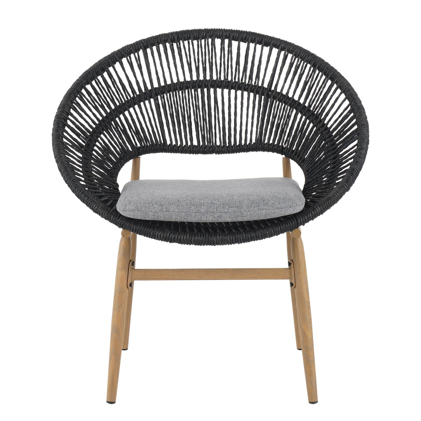 Cyril Outdoor Wicker Papasan Style Dining Chair, Teak Finished Leg and Dark Gray Faux Rattan, Gray Cushion, Set of 2