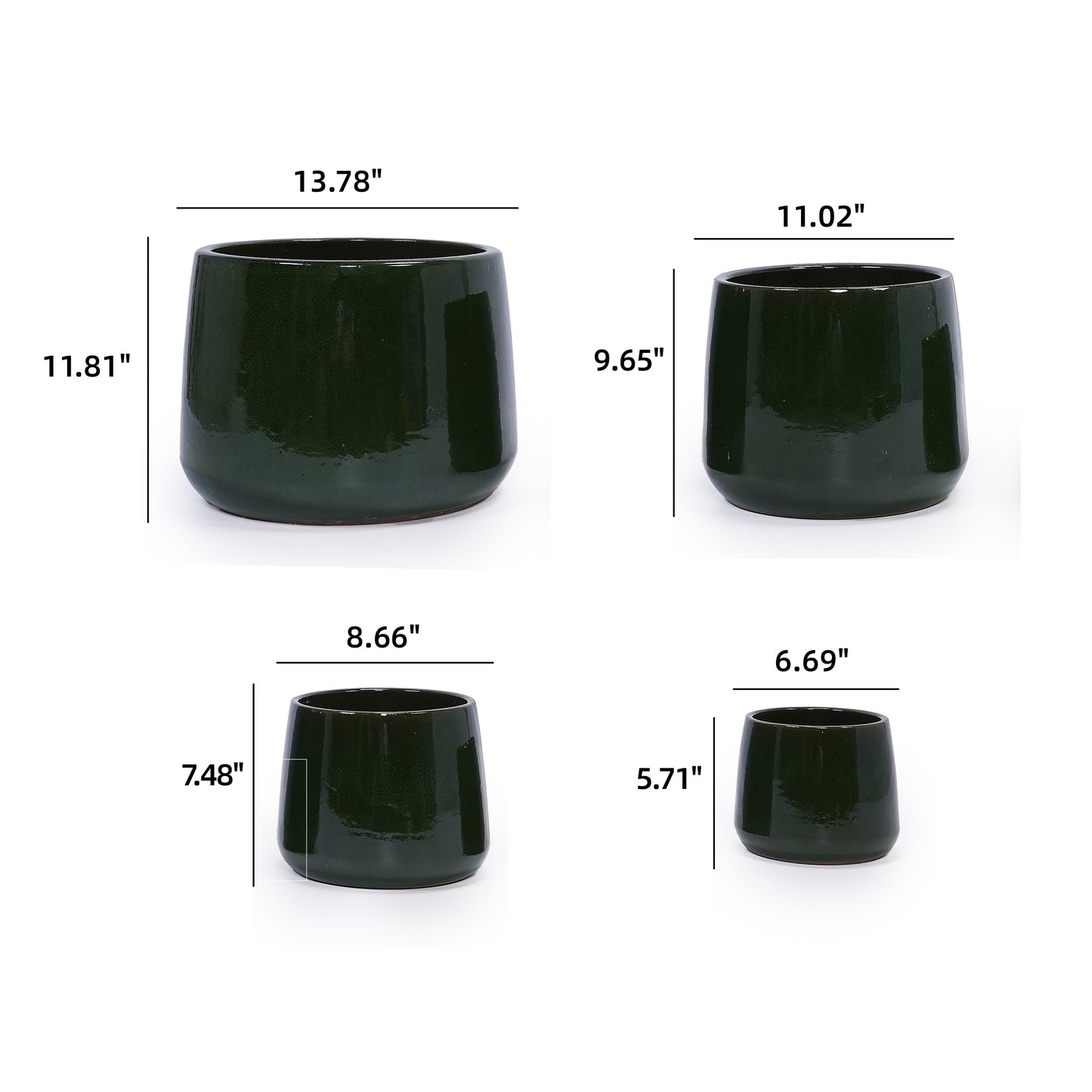 Handmade Solid Glazed Ceramic Planter Set of 4, 14/11/9/7 Inch Diameter, Deep Green, for Succulents and Cacti, Outdoor Garden & Indoor Stairs Use, Breathable Clay with Drainage Holes