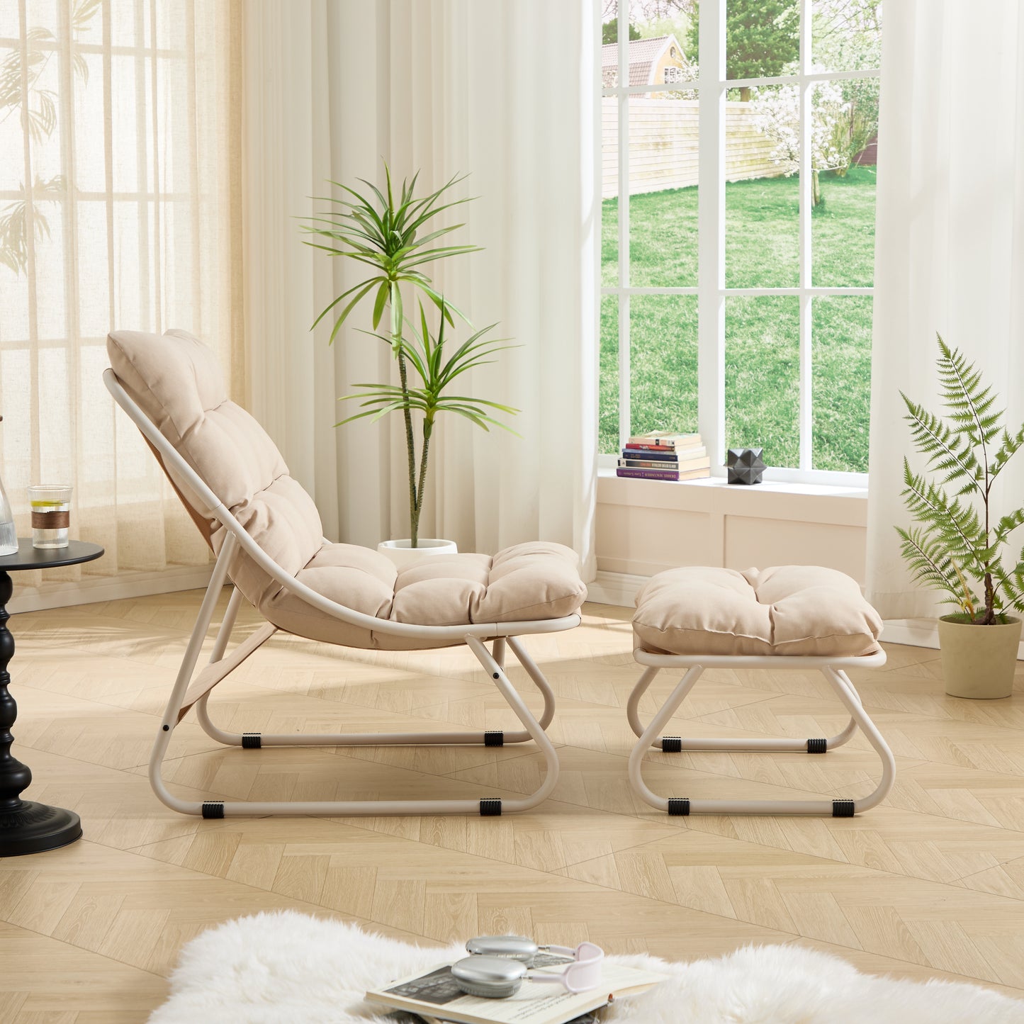 Patio Outdoor Lounge Chair with Ottoman, Comfy Sling Recliner Chair with Puffy Cushion and Foot Stool, Ideal for Living Room, Bedroom, Reading Room, Beige frame with beige cushion