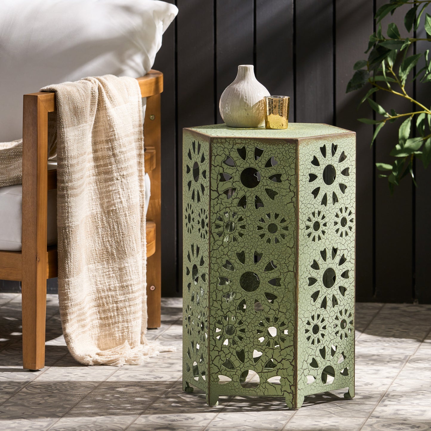 Galore 14" Side Table with Sunburst Cut Out Design, Green
