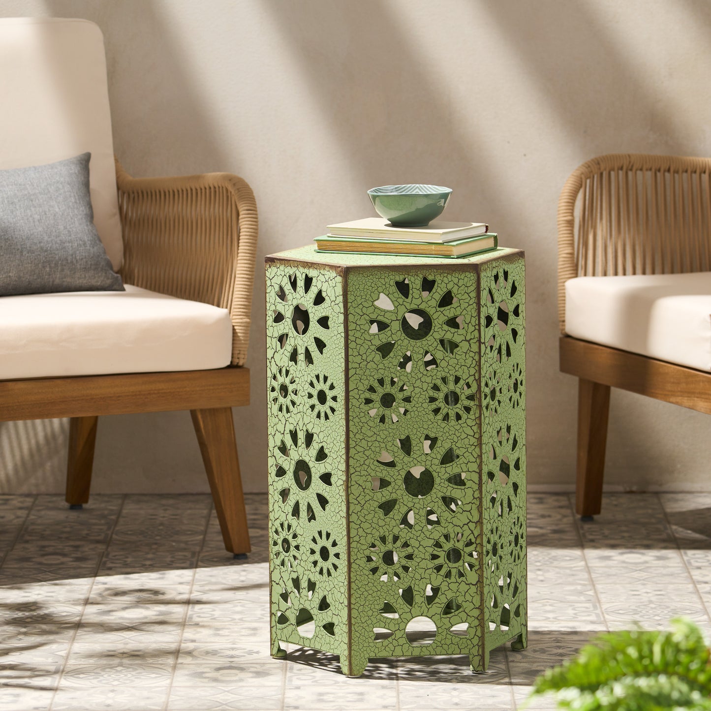 Galore 14" Side Table with Sunburst Cut Out Design, Green