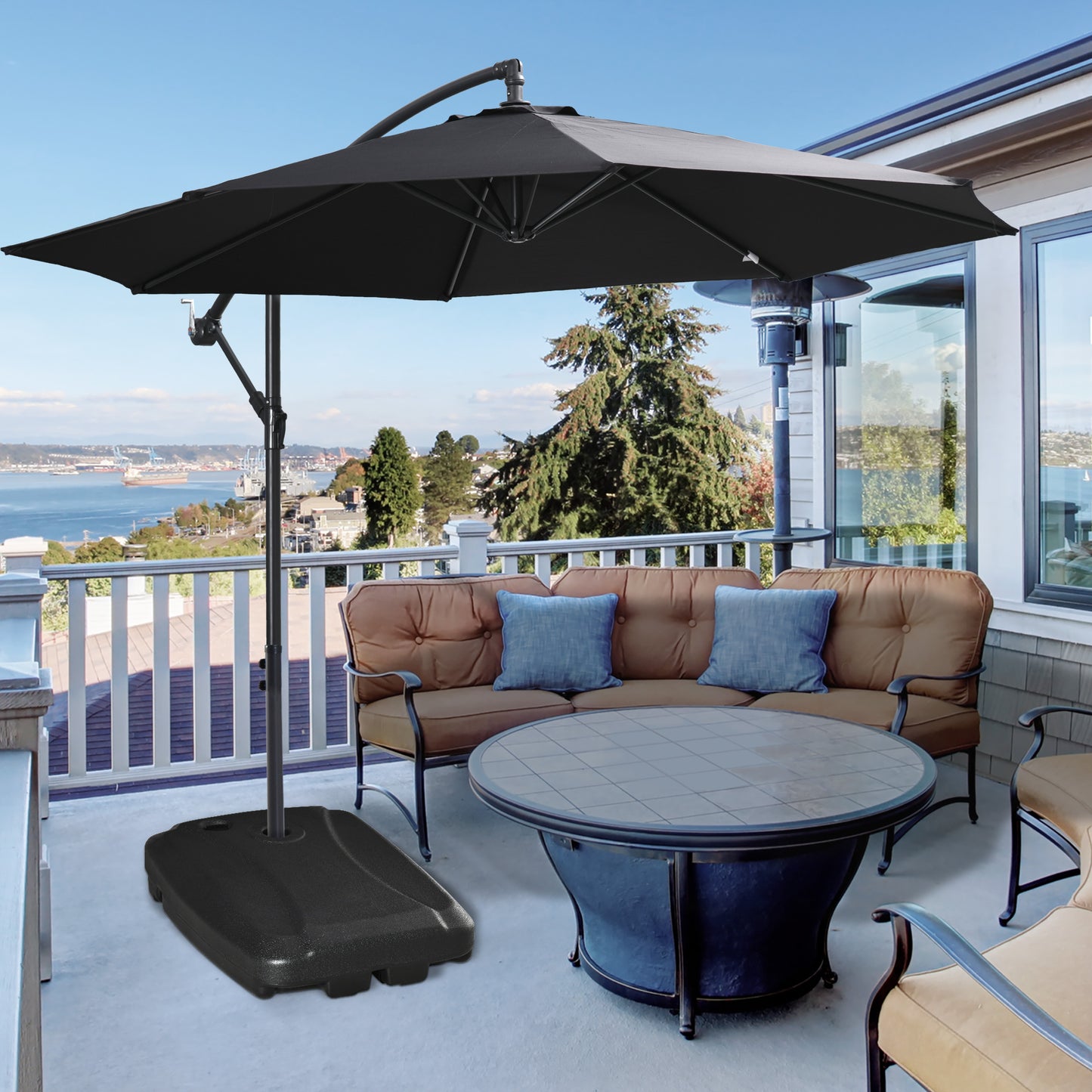Outsunny Cantilever Umbrella Base, 165 lbs. Capacity, Portable Offset Umbrella Stand on Wheels, Mobile, Heavy-Duty, Fillable with Water or Sand, Black