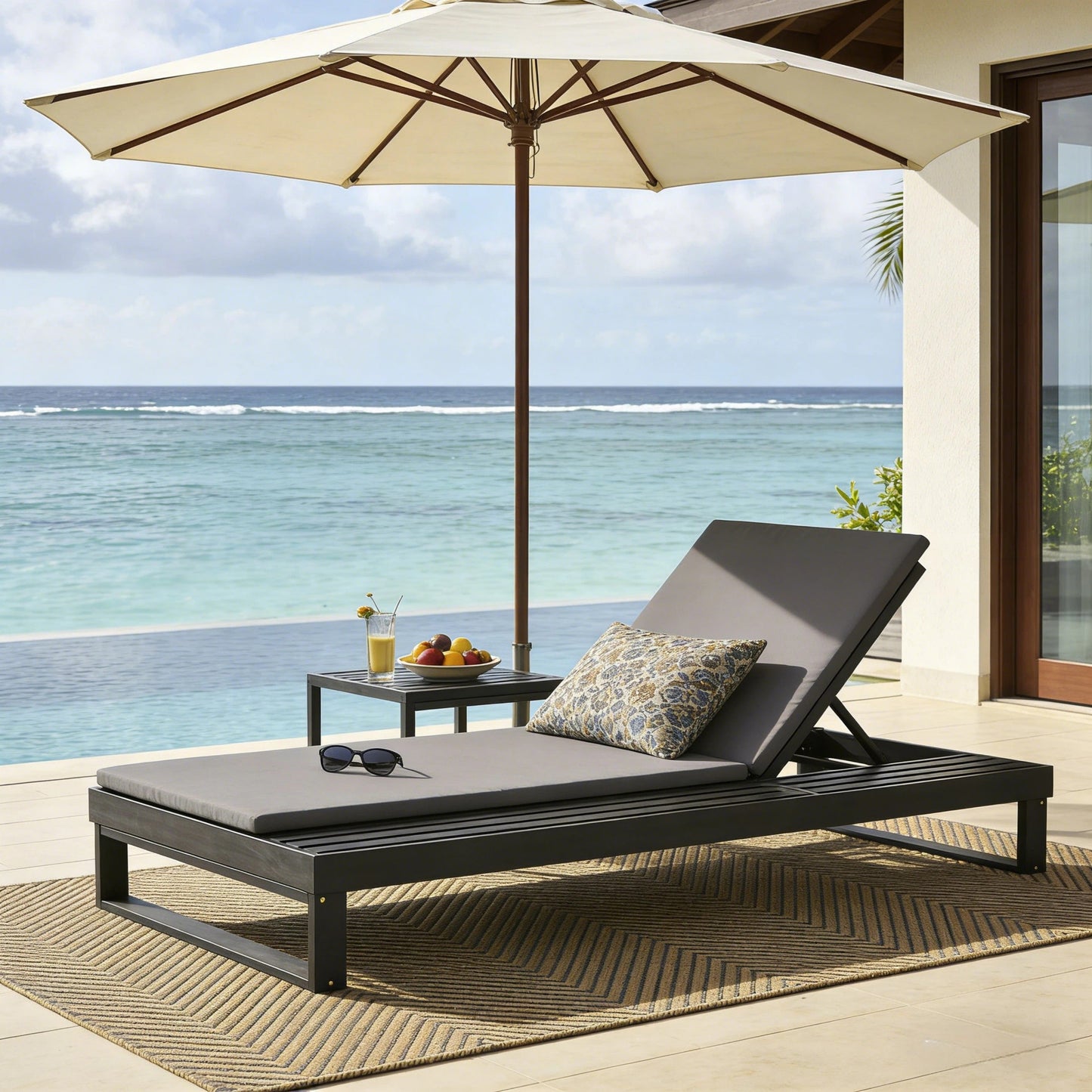 Black Acacia Wood Chaise Lounge with 1.57-Inch Dark Gray 2-Fold Cushion Set, 4-Position Adjustable with Flat Side Surface, for Poolside - Matching cream,leaf coconut version available