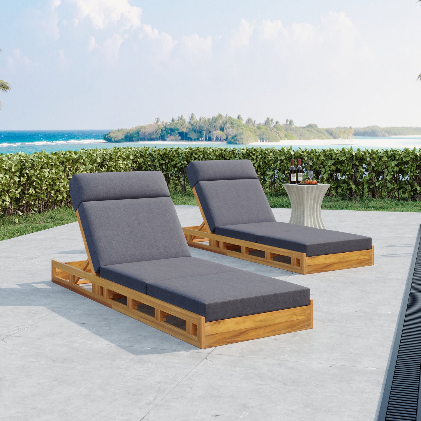 LOUNGE CHAISE SET WITH HEADREST, ACACIA WOOD WITH WATER-RESISTANT LOUNGE CUSHIONS (DARK GREY & 3-FOLD & 4 inch) - MATCHING CREAM/BEIGE VERSION AVAILABLE