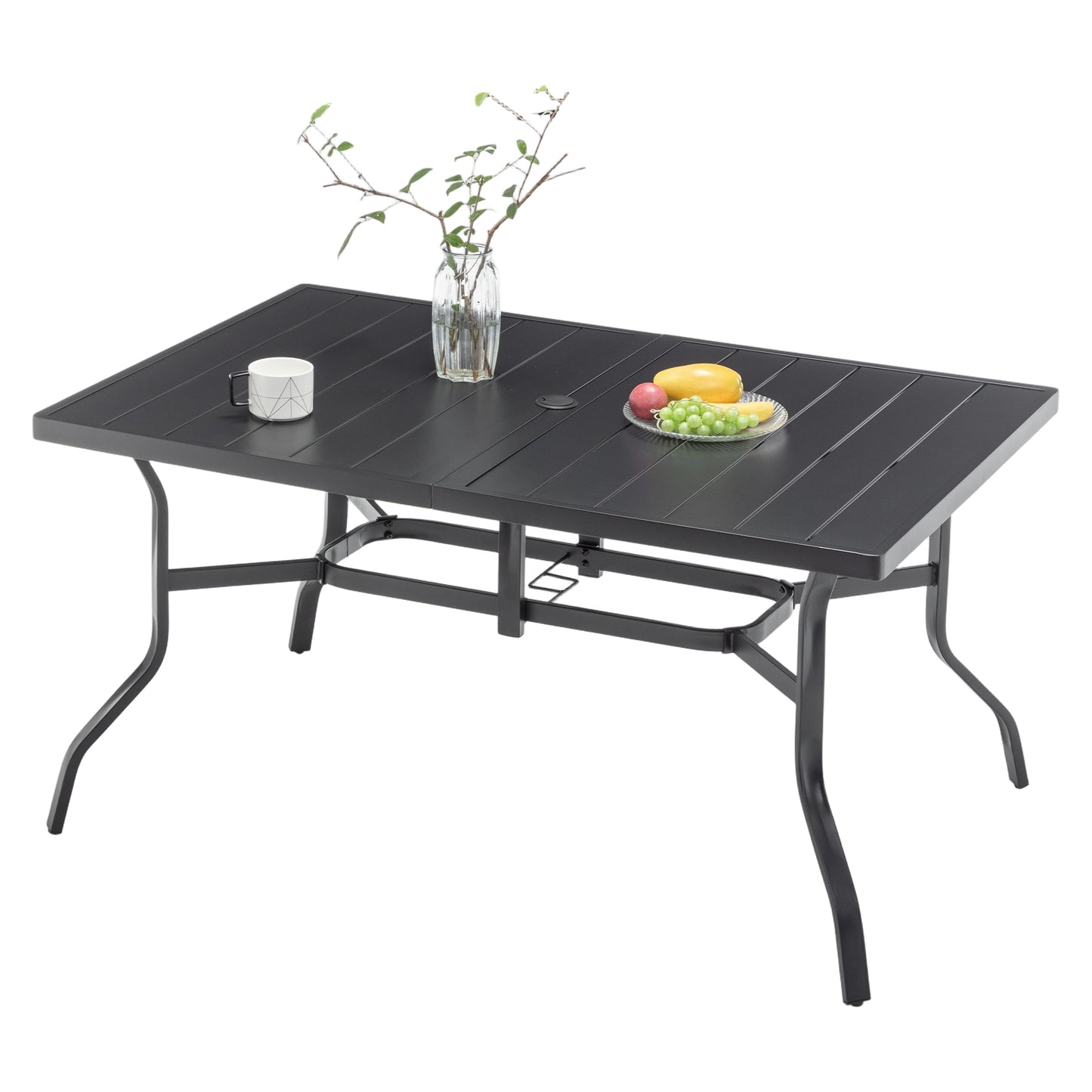 Outdoor Dining Table for 6, Powder-Coated Steel Slat Top with 2.16" Umbrella Hole, Anti-Slip Pads, E-Coating Frame, All-Weather Black Patio Table for Garden, Poolside, Backyard