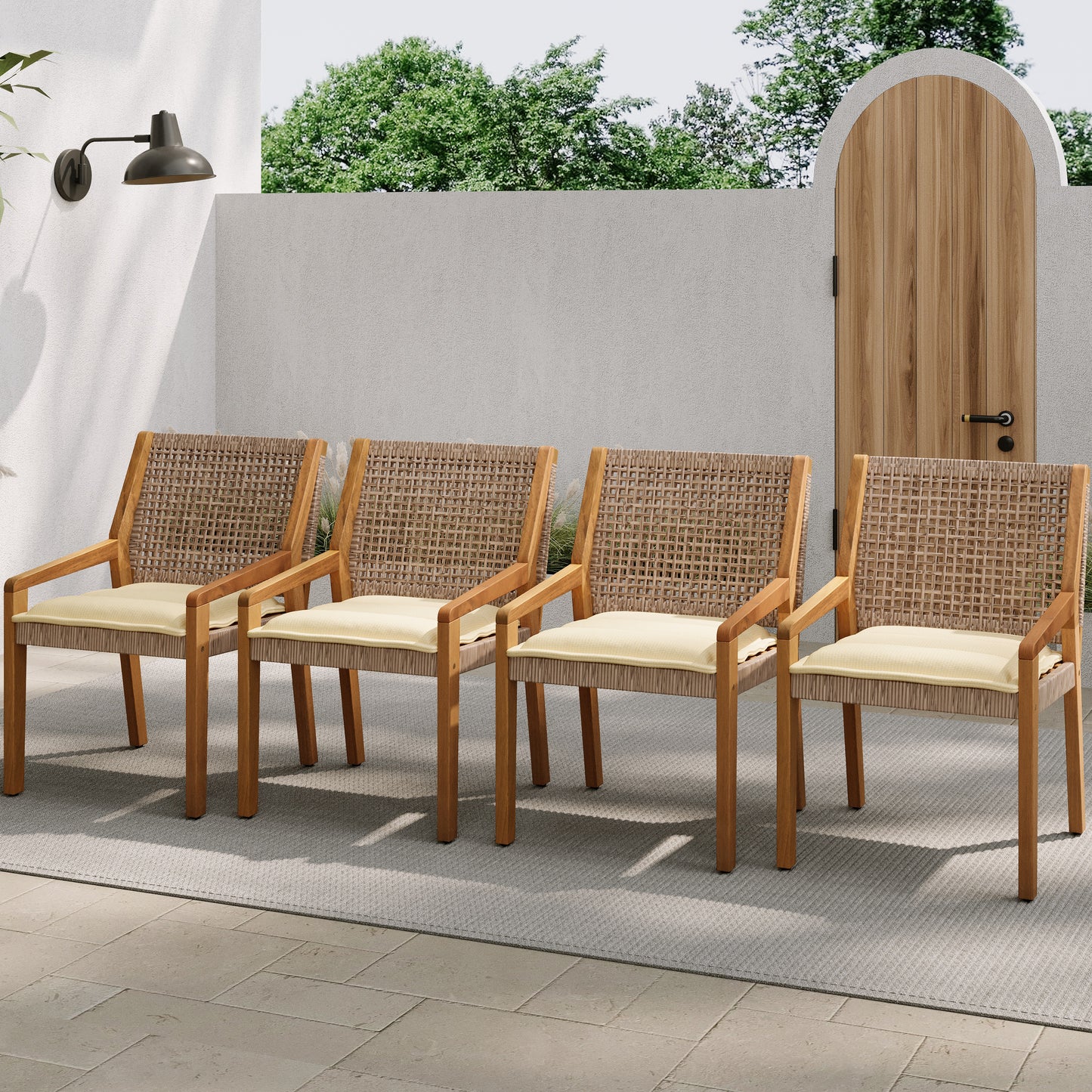 OUTDOOR DINING CHAIR SET-Acacia Wood and Wicker with Cream Cushion Patio Furniture-Teak finish & wicke Brown ,Suitable for large gatherings-set of 6(N770P272397G(3-box))