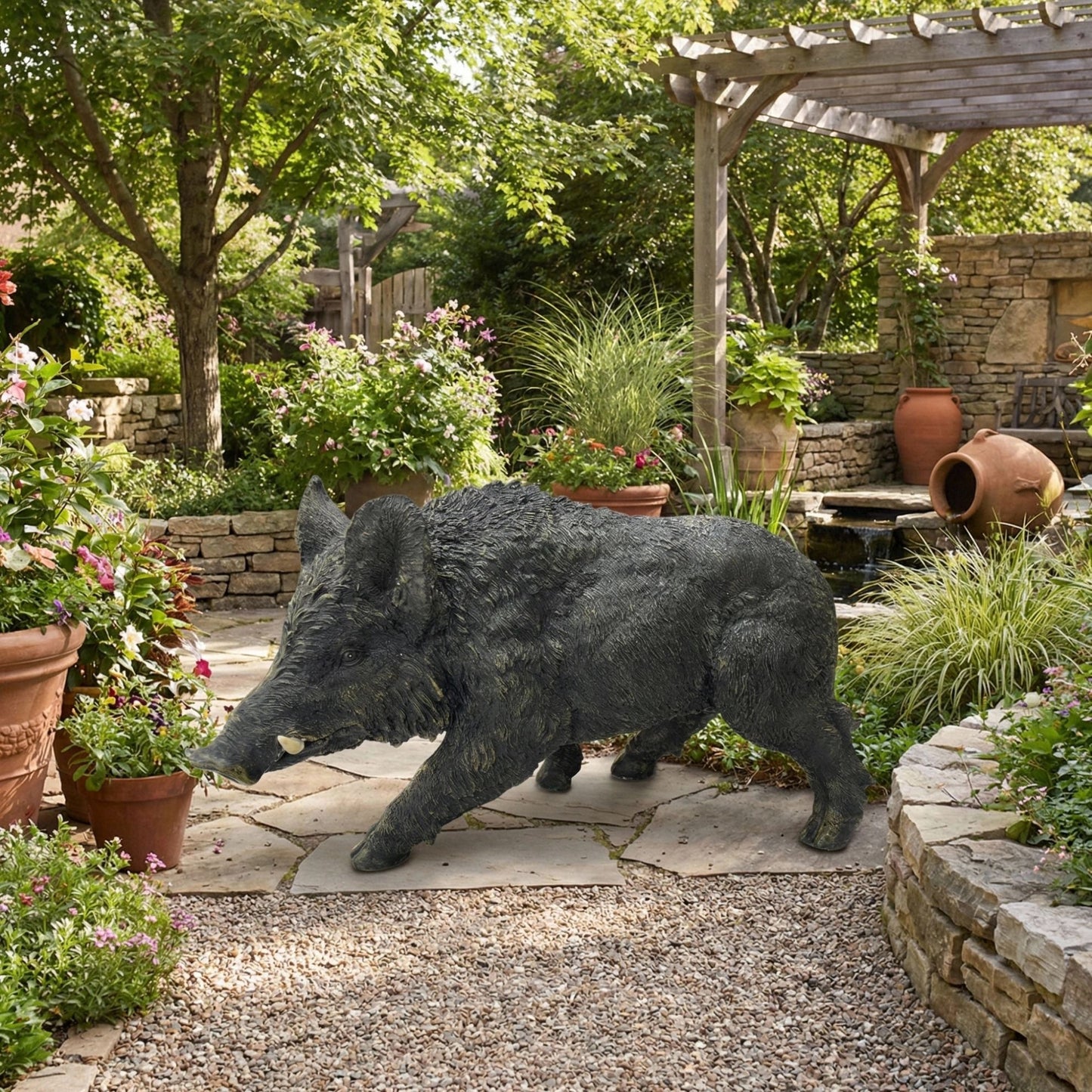 12.20" H x 21.26" L Simulated Wild Boar Resin Garden Statue, Indoor & Outdoor Decorative Ornament, Lawn & Courtyard Art Craft Decoration