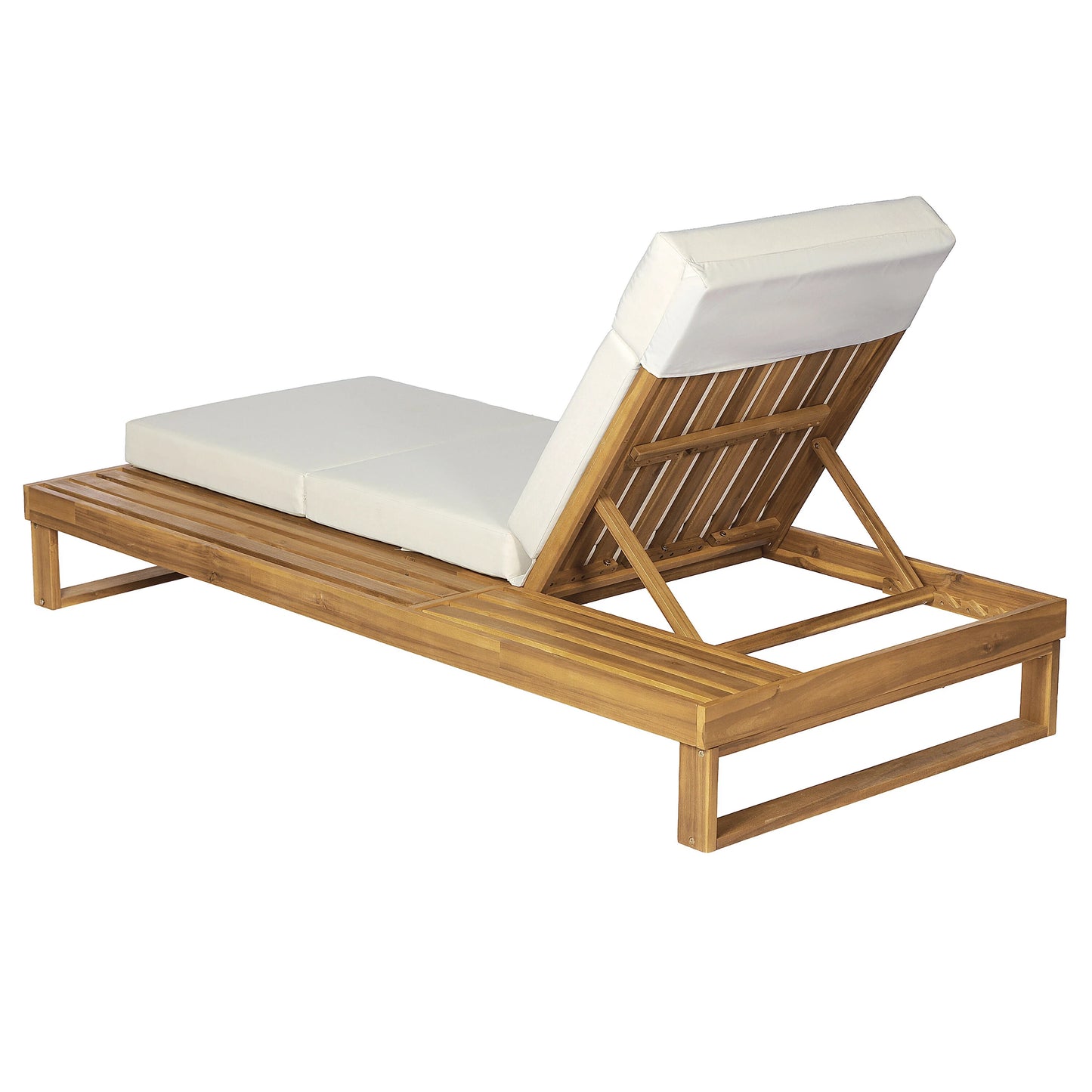 Teak Finish Acacia Wood Chaise Lounge with 4-Inch Beige 4-Fold Cushion Set, Adjustable Outdoor Patio Lounger with Flat Side Surface, for Poolside- Matching cream,dark gray version available