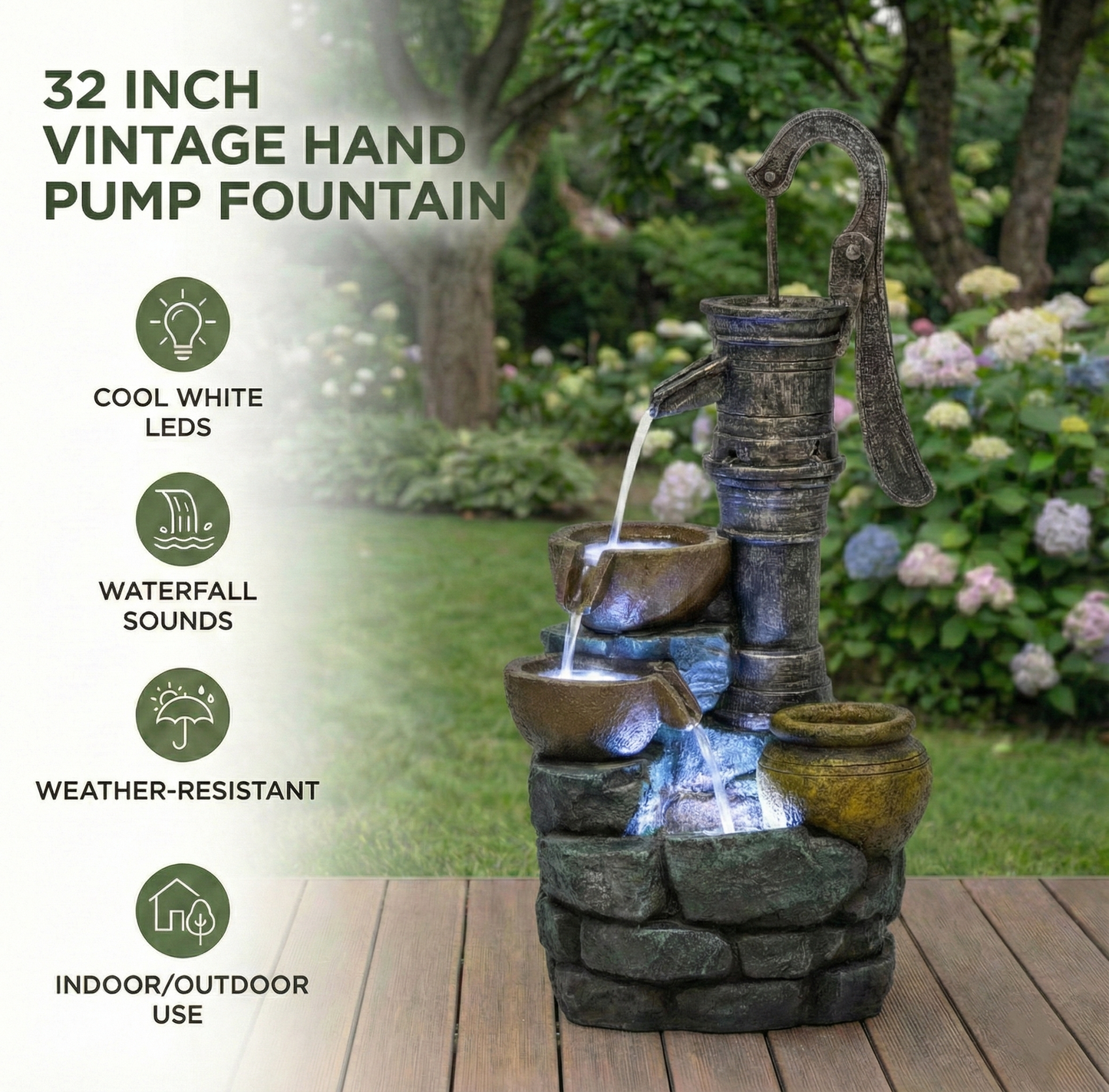 32" H Large Outdoor Fountains with Vintage Pump Ideal for Patio Yards Outdoor Gardens and Home Art Decor Crafted from Weather-Resistant Materials for Year-Round Use