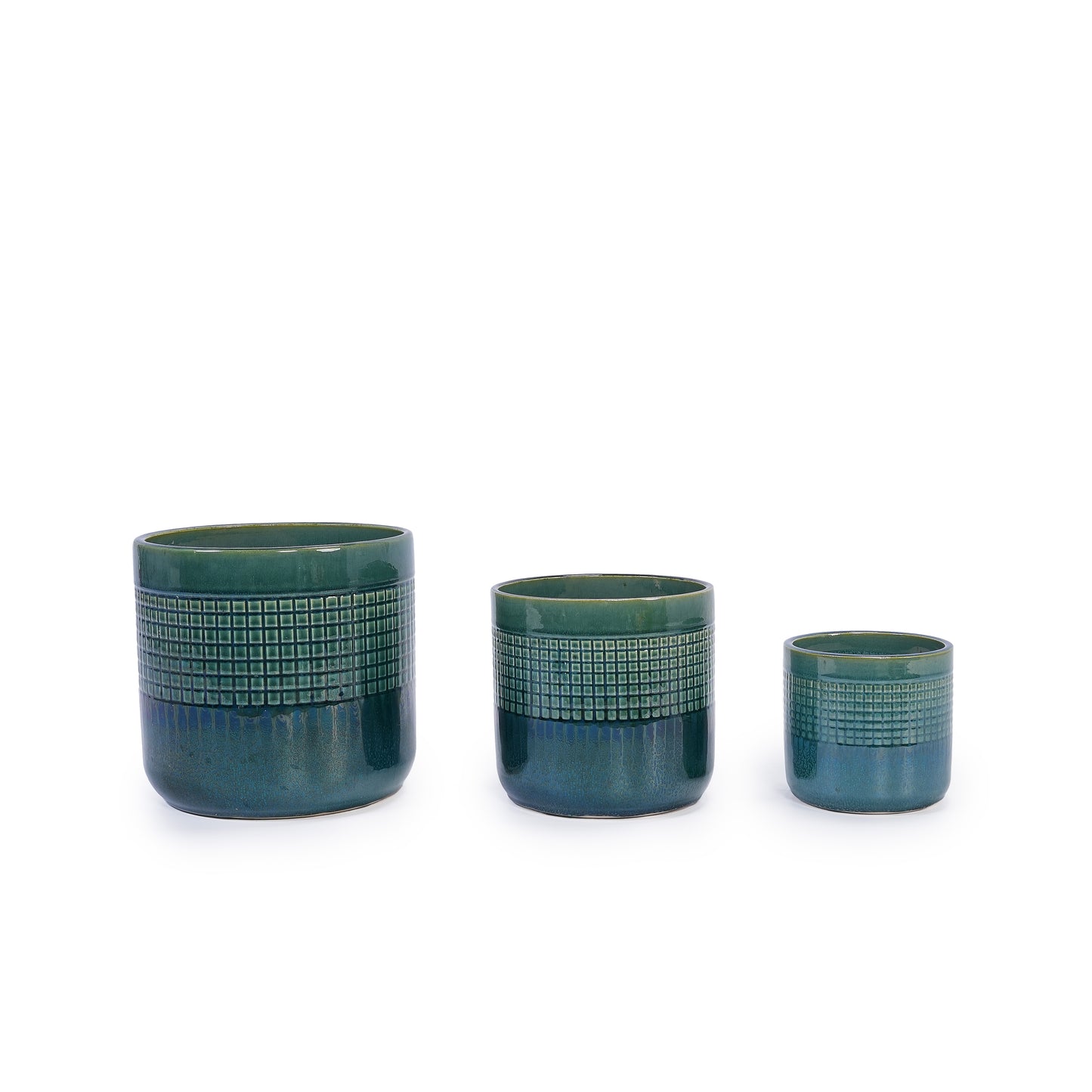 Handmade Green Glazed Ceramic Planter Set of 3, 10" 8" 6" Diameter, Square Grid Pattern, for Succulents & Herbs Indoor/Outdoor Shelf & Table Use, Breathable Clay with Drainage Holes