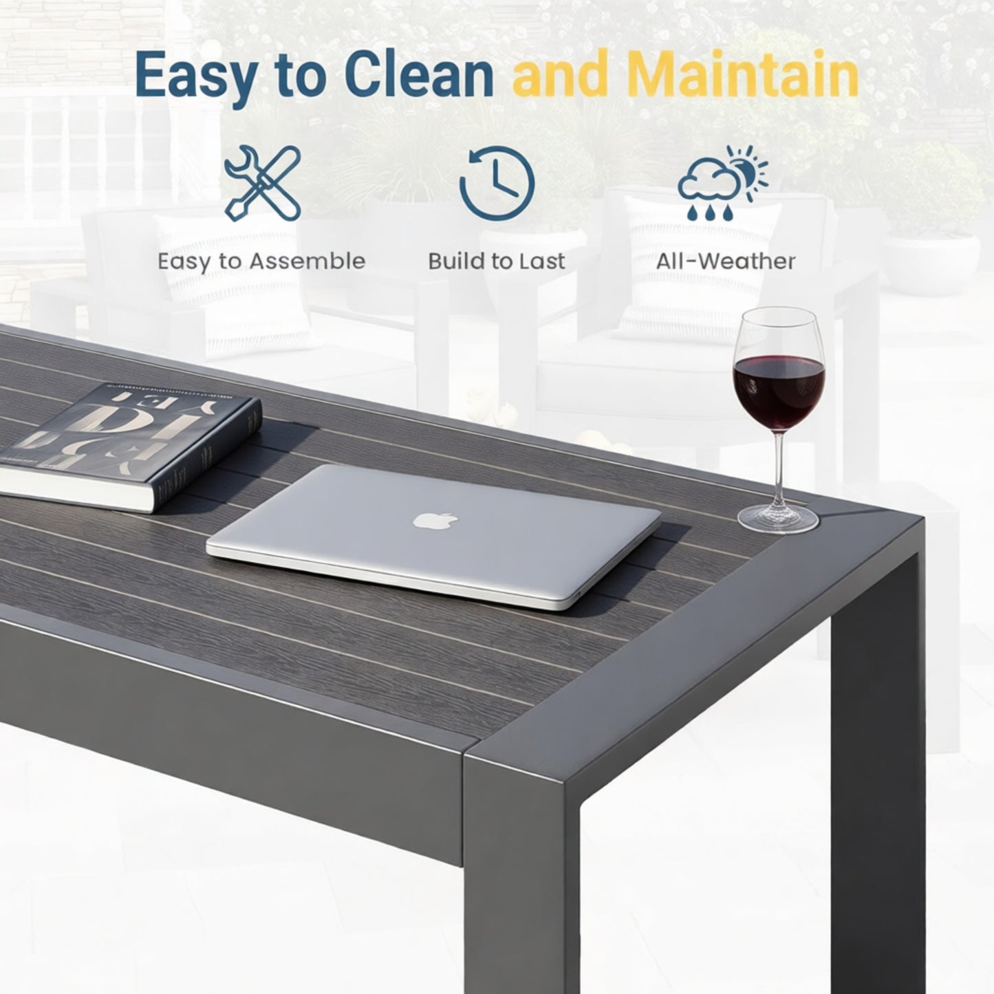 43" All-Weather Aluminum Patio Coffee Table, Modern Gray Rectangle Outdoor Table