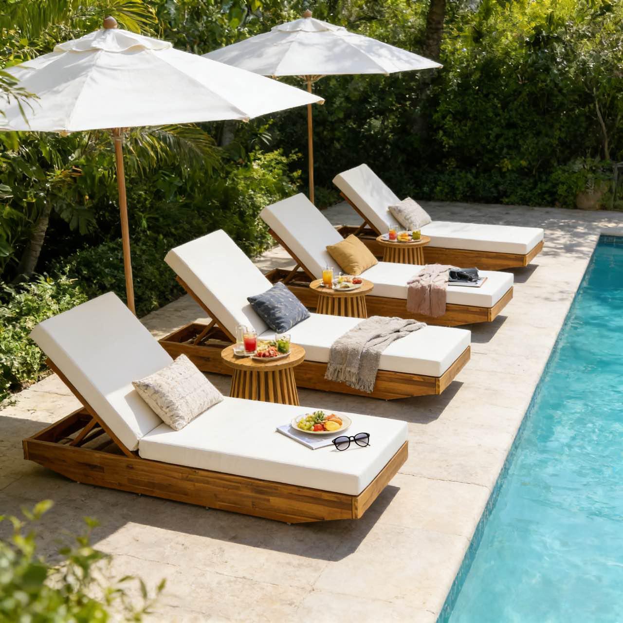 Acacia Wood Chaise Lounge with Cushion - Teak Finish Outdoor Recliner with  Cream Water-Repellent Cushion, 79.6" L x 29" W, 300 lbs