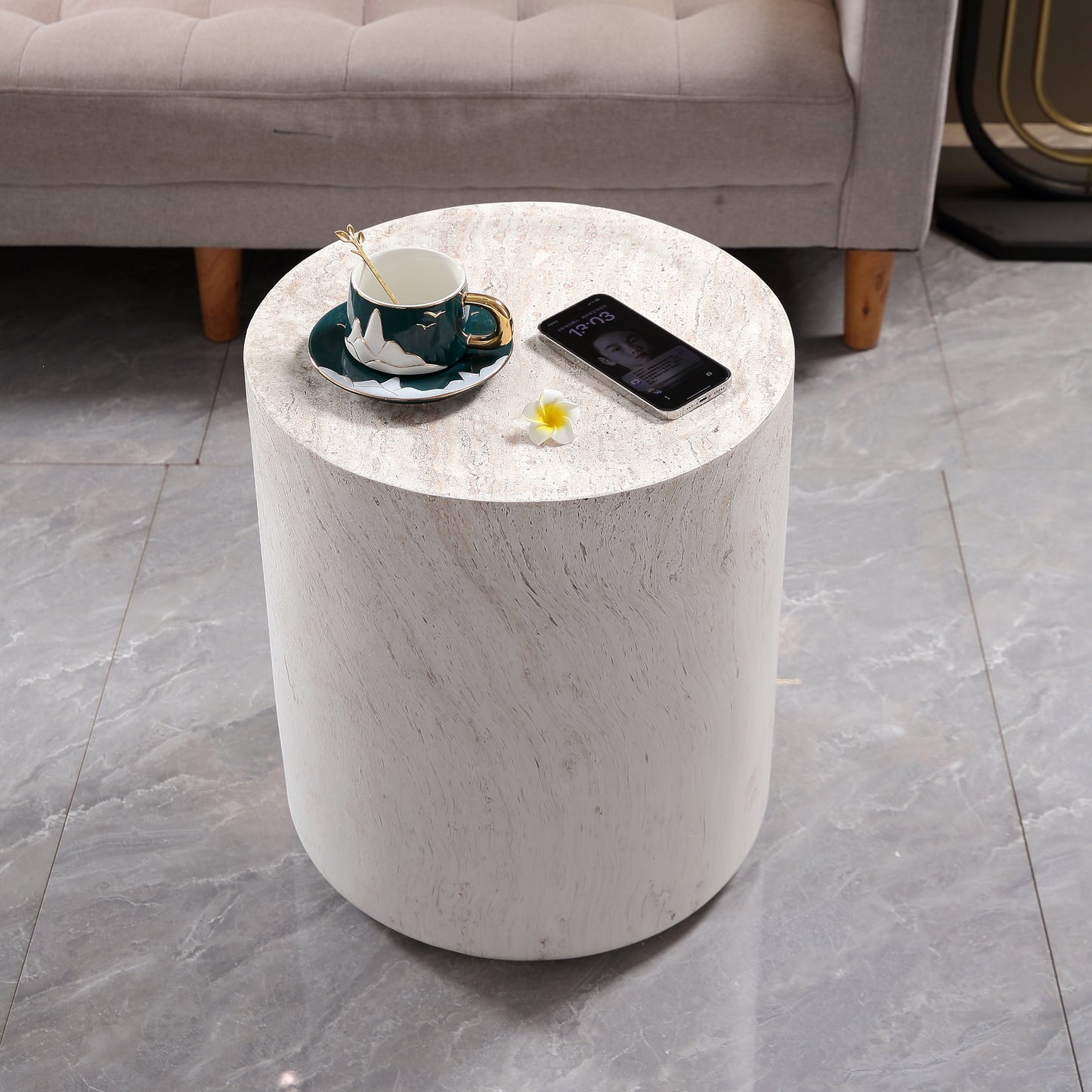 Light Travertine Finish Magnesium Oxide Drum Side Table   15.75" Diameter Round End Table