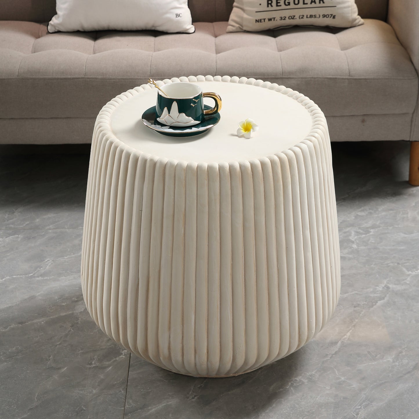 Off-White Magnesium Oxide Fluted Tapered Side Table  16.54" Top Diameter Round End Table