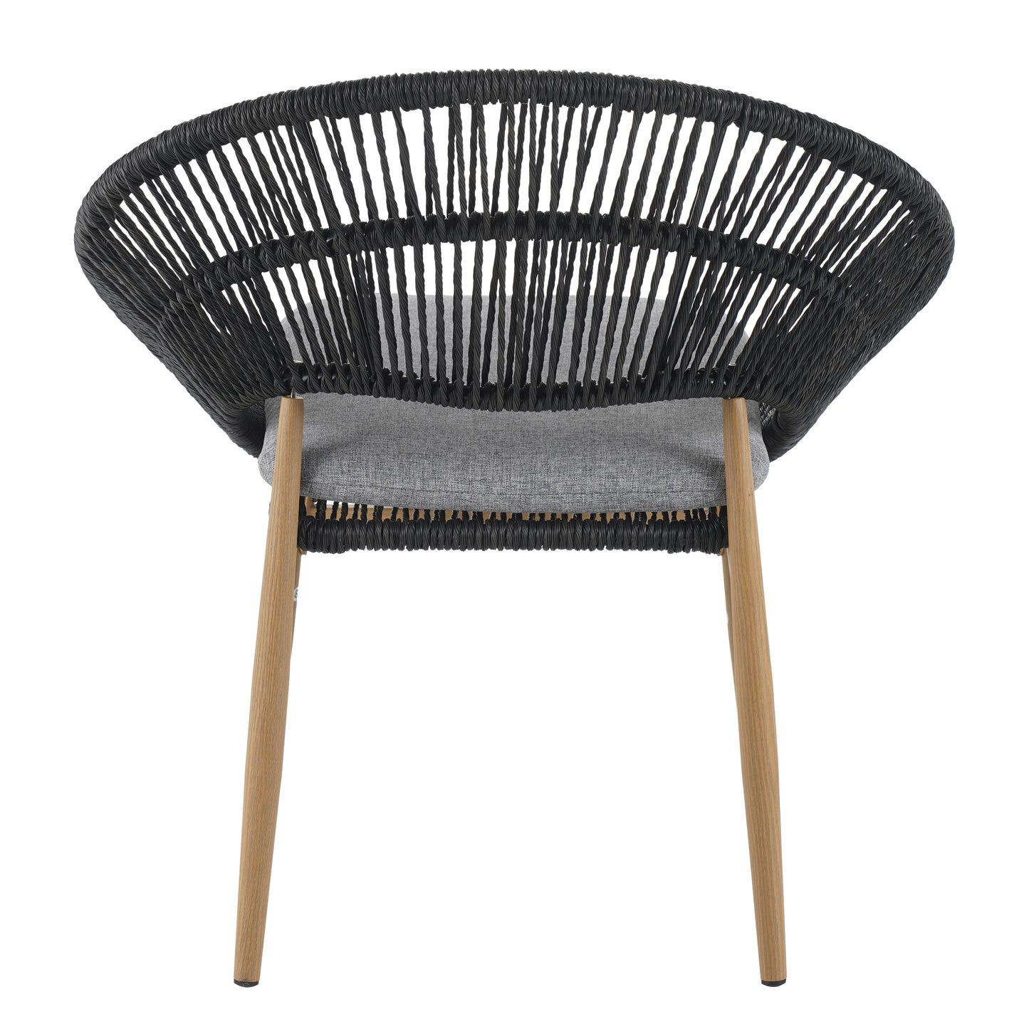 Cyril Outdoor Wicker Papasan Style Dining Chair, Teak Finished Leg and Dark Gray Faux Rattan, Gray Cushion, Set of 2