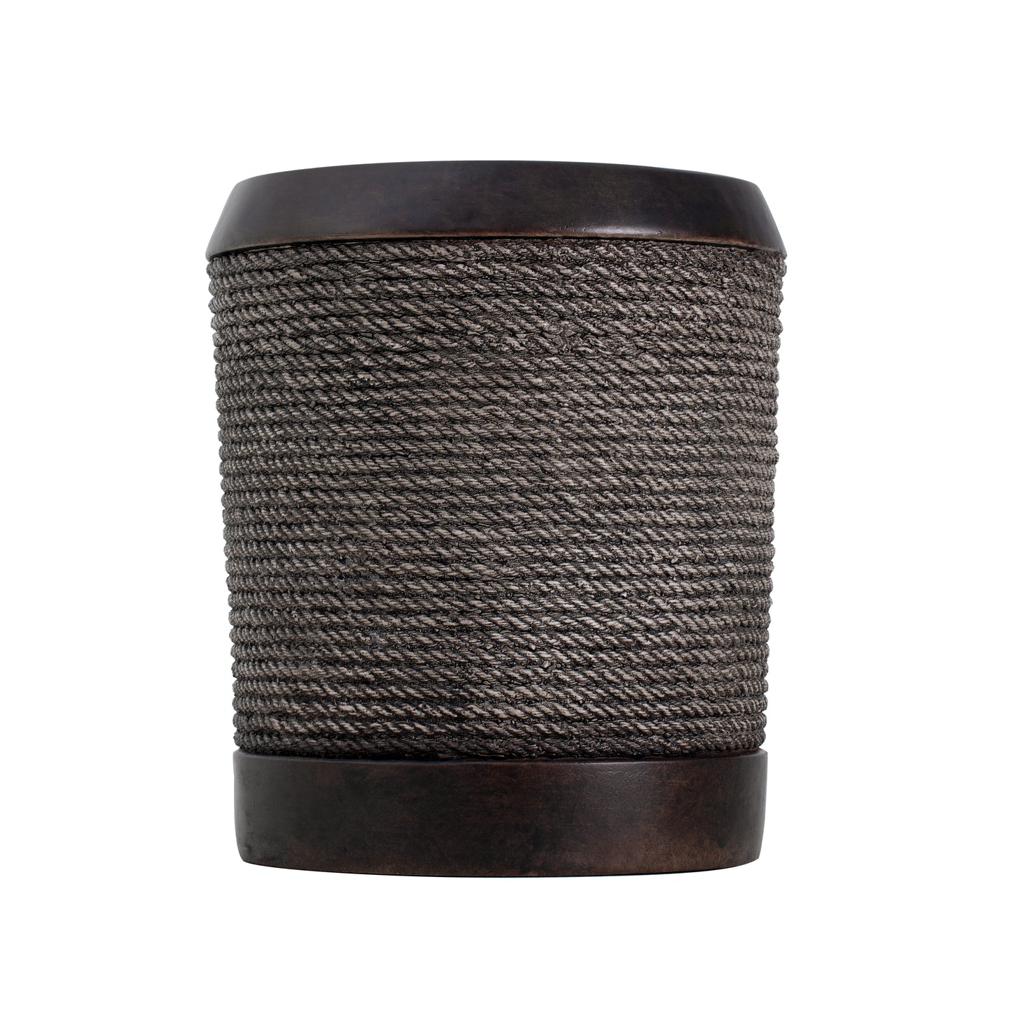Outdoor Dark Brown Simulated Braided Cord MGO Side Table with Vintage Trim – Indoor Retro Cylindrical End Table for Home & Patio Decor