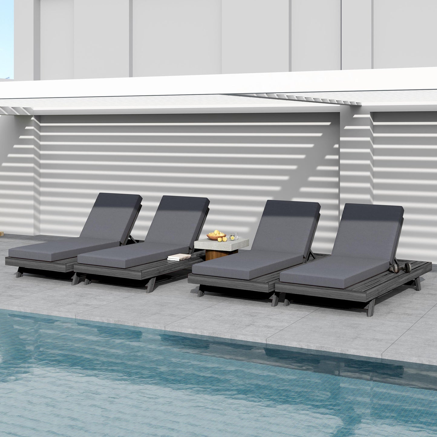Lounge Chaise Set, Space Available On One Side, Acacia Wood In Black With Water-Resistant Lounge Cushions (Dark Grey & 4 Inch Thick) – Matching Cream Version Available
