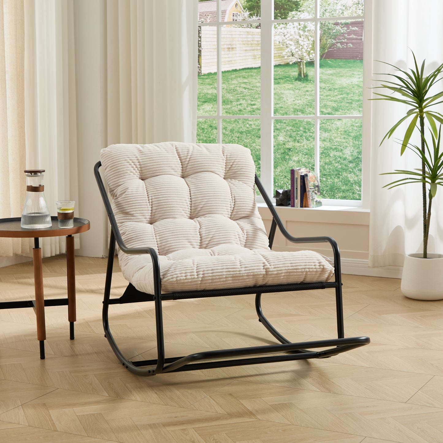 Outdoor Rocking Chair, Comfy Cushion, with Soft Thick Cushion,for Living Room, Bedroom, Reading Room, Black Frame with White Cushion