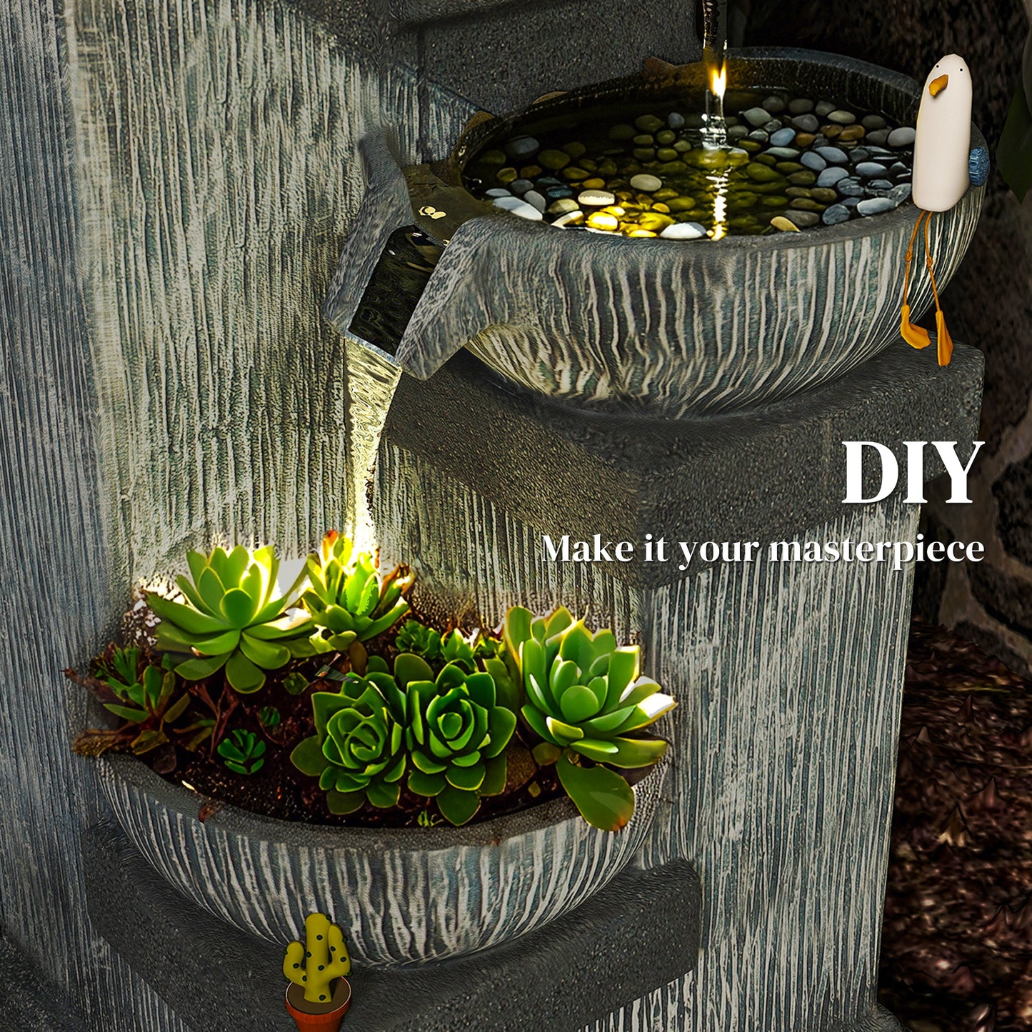 Outsunny 33.5" Outdoor Water Fountain, 4-Tier Floor Standing Resin Cascading Bowls Waterfall Fountain with LED Lights, Pump