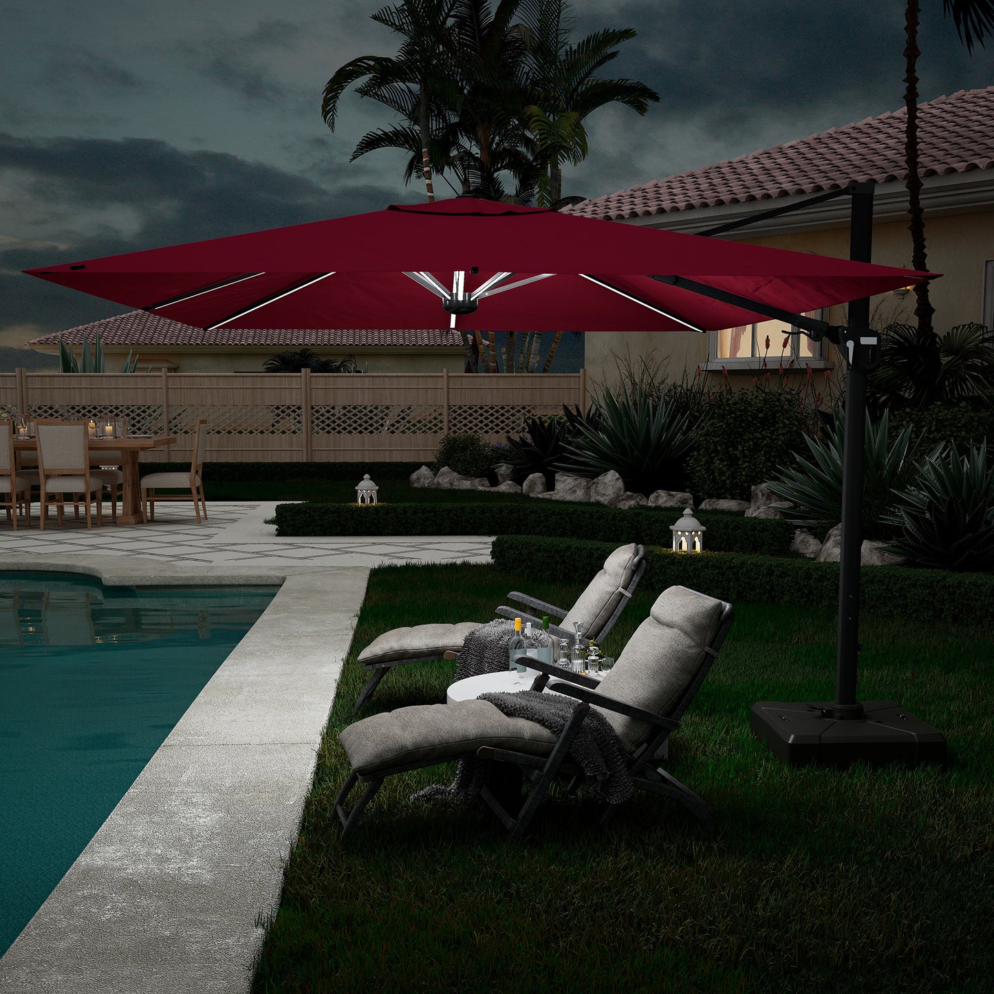 11FT Square Cantilever Patio Umbrella with LED Light in Red (without Umbrella Base)