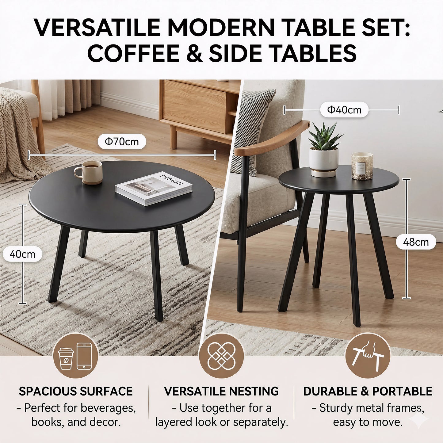 2-Piece Round Nesting Coffee Table Set, Modern Black Metal Side & End Tables, Space-Saving Accent Table Set for Living Room, Bedroom, Balcony, Patio, Indoor & Outdoor Use
