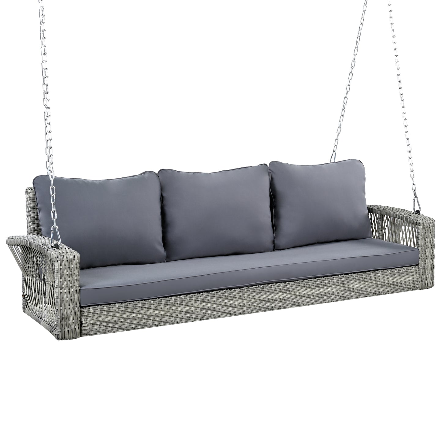 GO 69" PE Wicker 3-Person Porch Swing with Chains, Large Patio Swing Bench with Cushions for Backyard, Garden, and Poolside, Gray69"