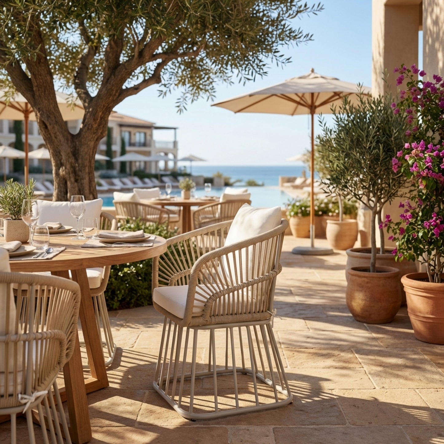 Outdoor Dining Chair MP1 - Teak Finish Wicker & Beige Steel Frame, 300LBS Weight Capacity, Includes Cushion