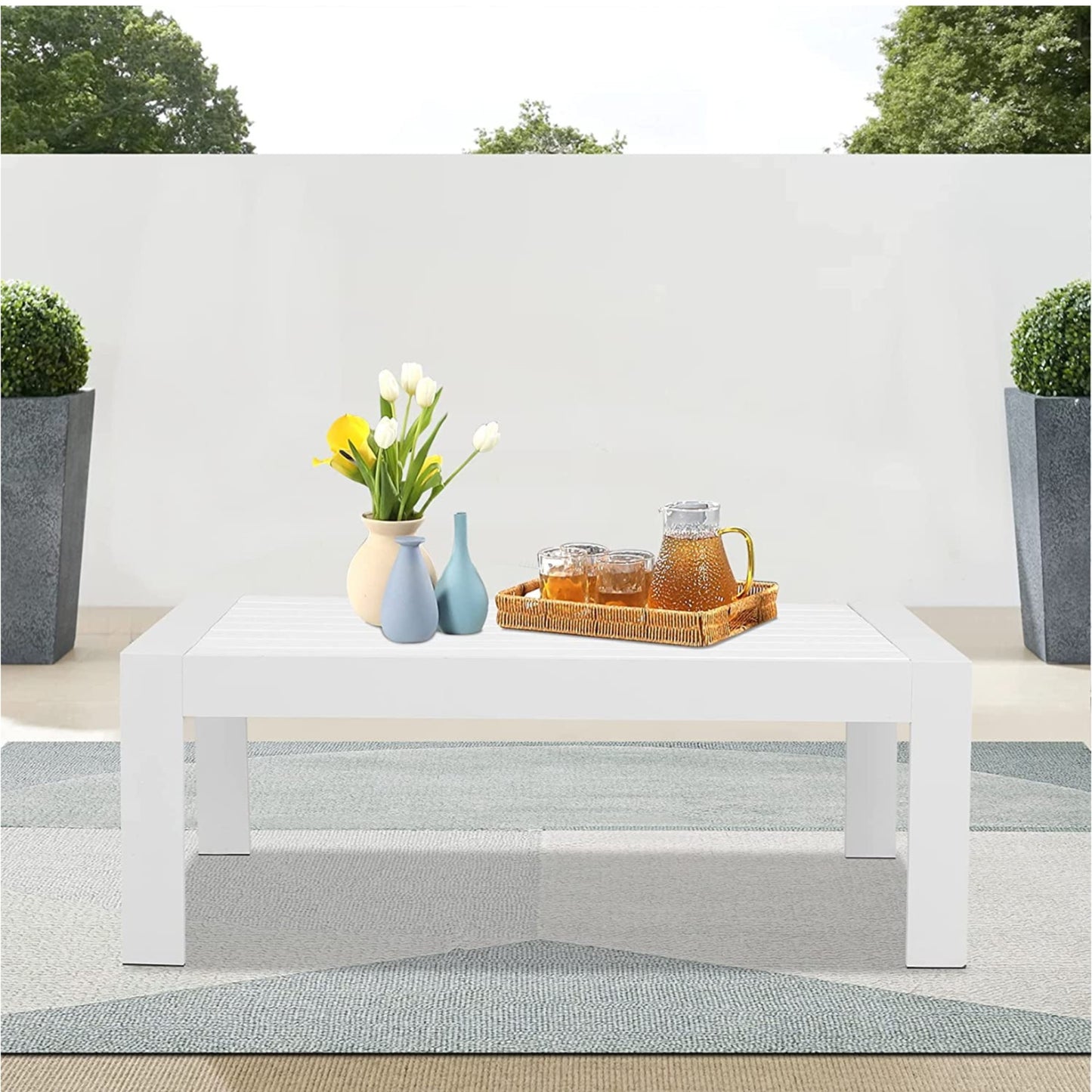 43" All-Weather Aluminum Patio Coffee Table, Modern White Rectangle Outdoor Table