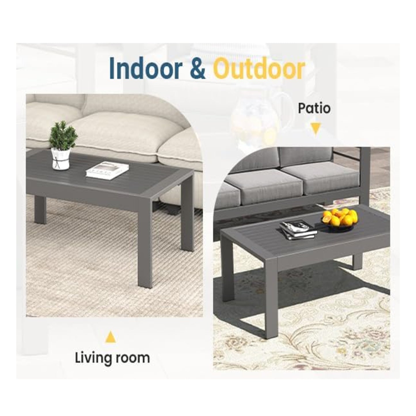 43" x 24" All-Weather Metal Outdoor Coffee Table with Wood-Look Top and Gray Frame