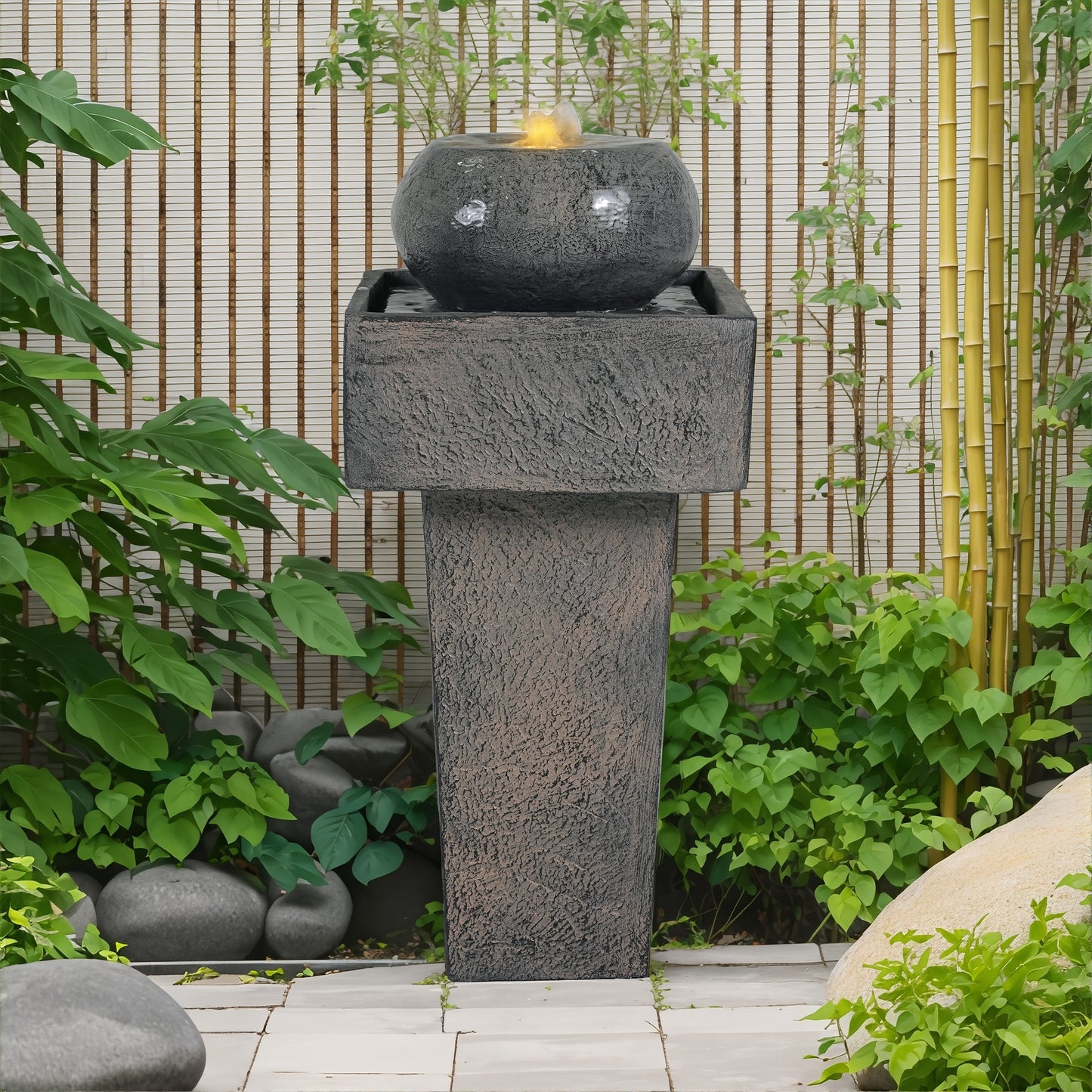 25.59"H Minimalist Concrete Column Fountain–LED-Lit Modern Outdoor Oasis, Sturdy Landscape Feature for Patio, Porch