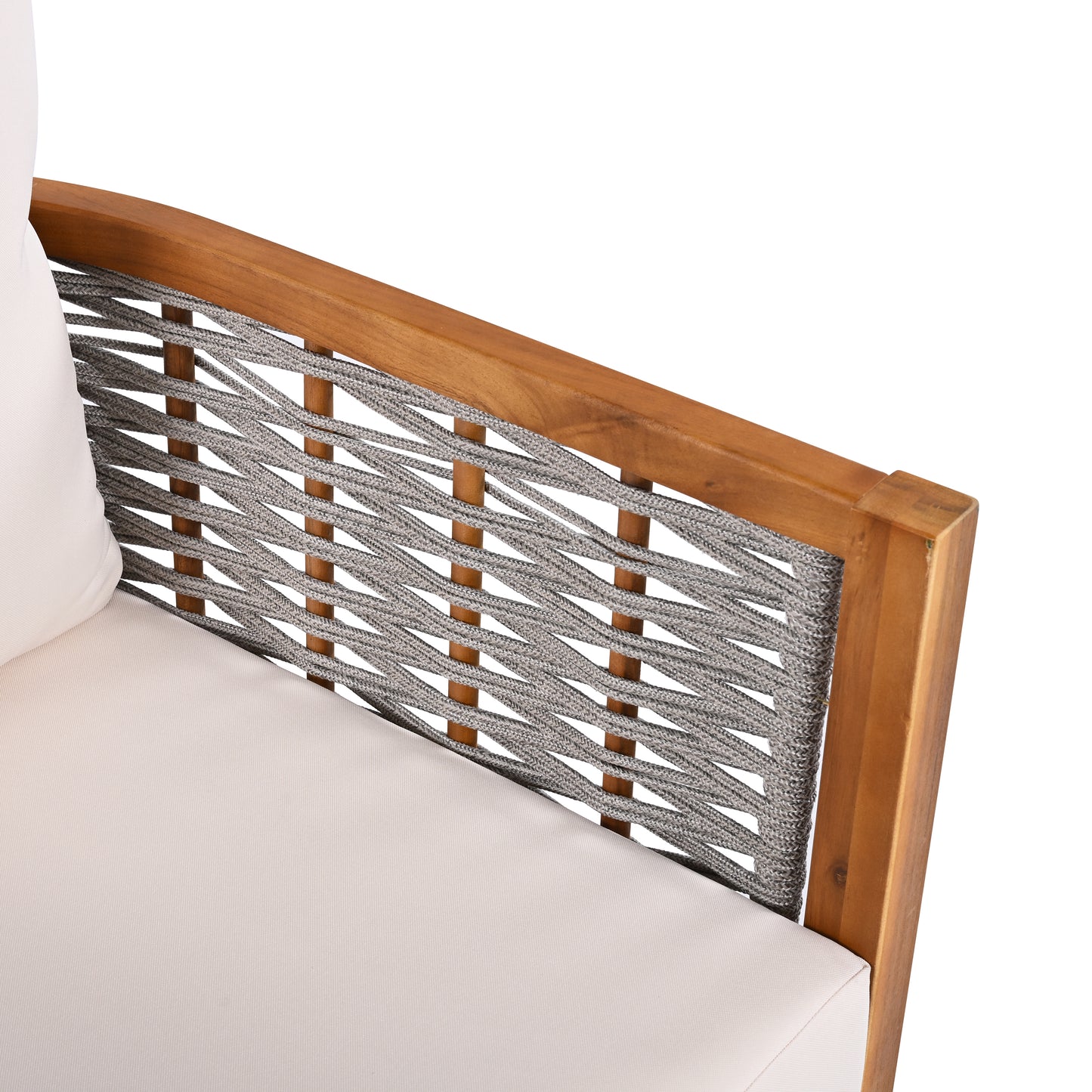 Outdoor Unique Tub Design Armchair with Woven Rope, Patio Furniture Acacia Wood Chair,  Deep Seating with Soft Cushions for Porch, Garden, Backyard, Balcony, Teak Finish & Beige Cushion