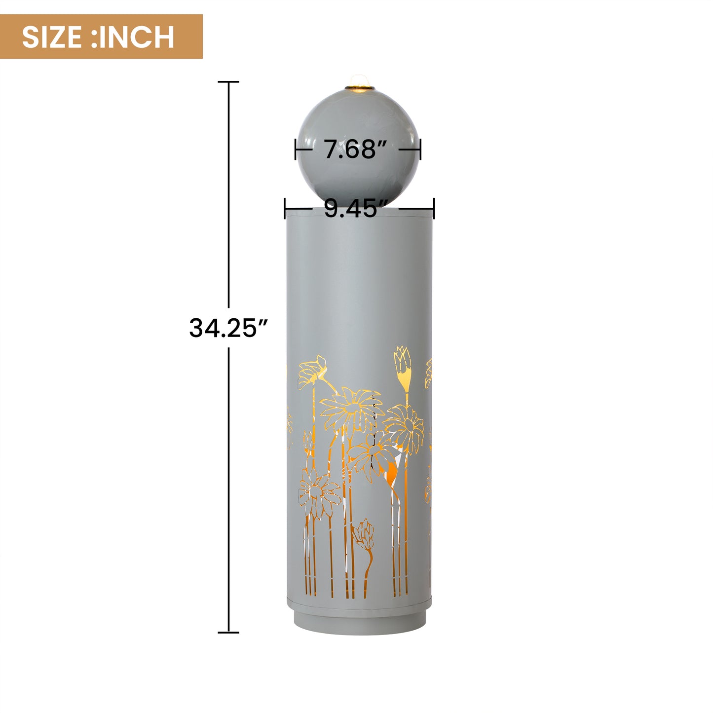 34.25"H Light Gray Metal Cutout Outdoor Water Fountain with LED Lights, Modern Freestanding Sphere-Top Water Feature for Patio Garden Backyard Decor