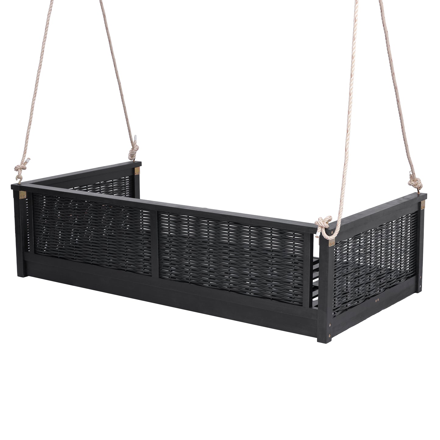 TOPMAX Outdoor Classic Solid Wood Twin Size Swing Bed,Garden Porch Rattan Swing Frame with Long Ropes for Poolside, Backyard, BLACK