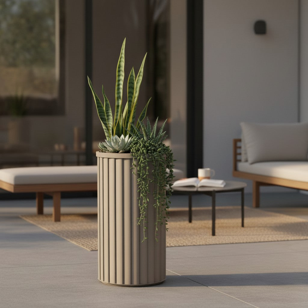 Round Strata Column Planter LG - Grey Brown