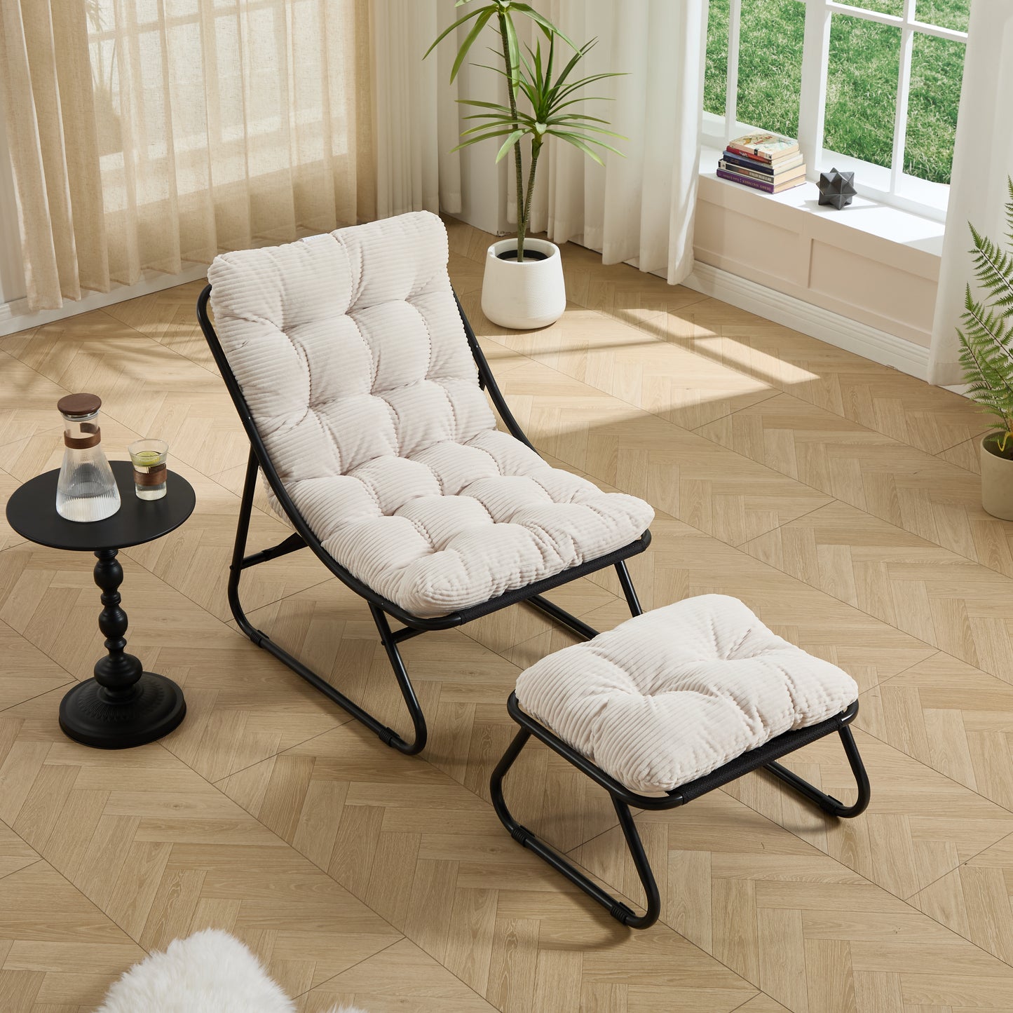 Patio Outdoor Lounge Chair with Ottoman, Comfy Sling Recliner Chair with Puffy Cushion and Foot Stool, Ideal for Living Room, Bedroom, Reading Room, Black frame with white cushion