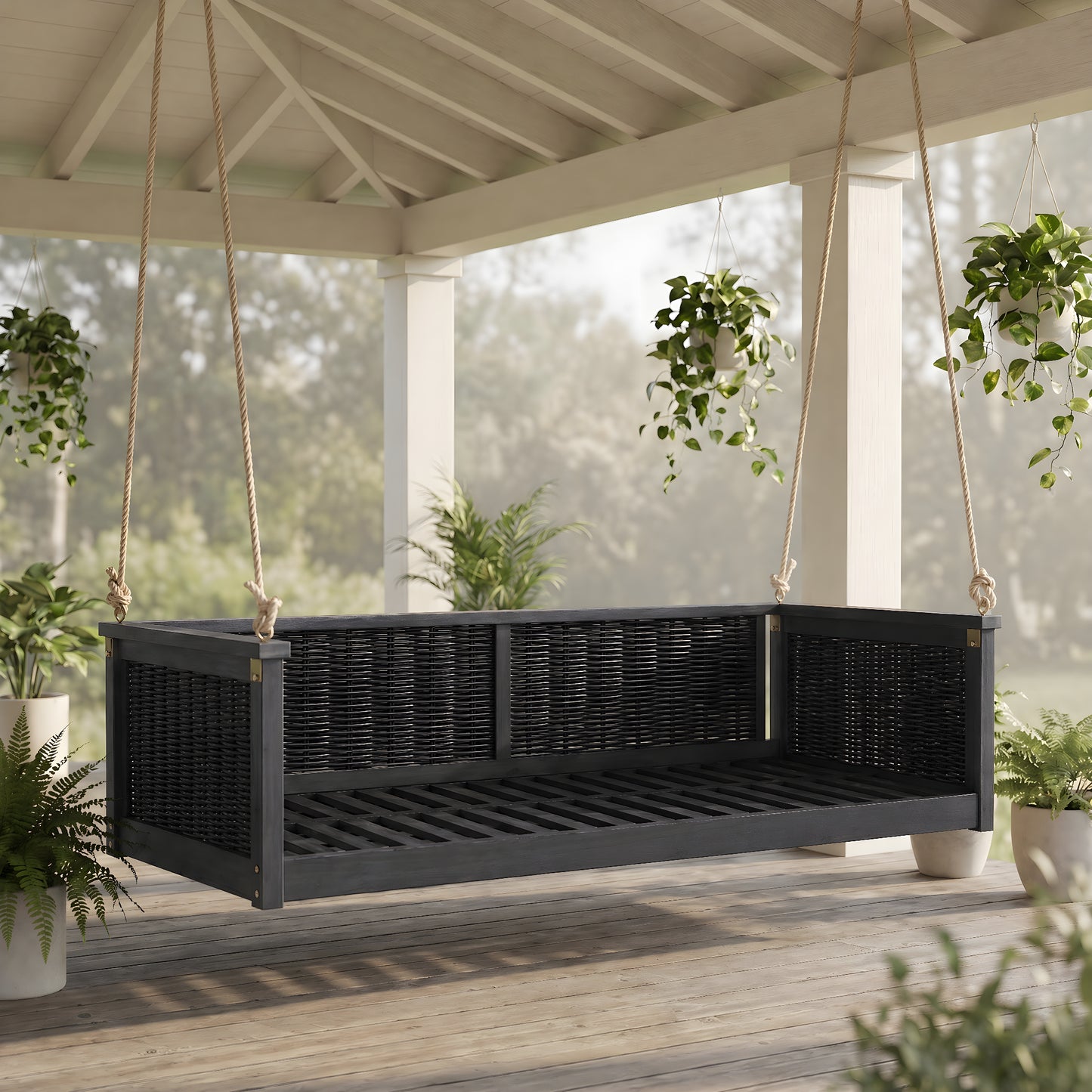 TOPMAX Outdoor Classic Solid Wood Twin Size Swing Bed,Garden Porch Rattan Swing Frame with Long Ropes for Poolside, Backyard, BLACK