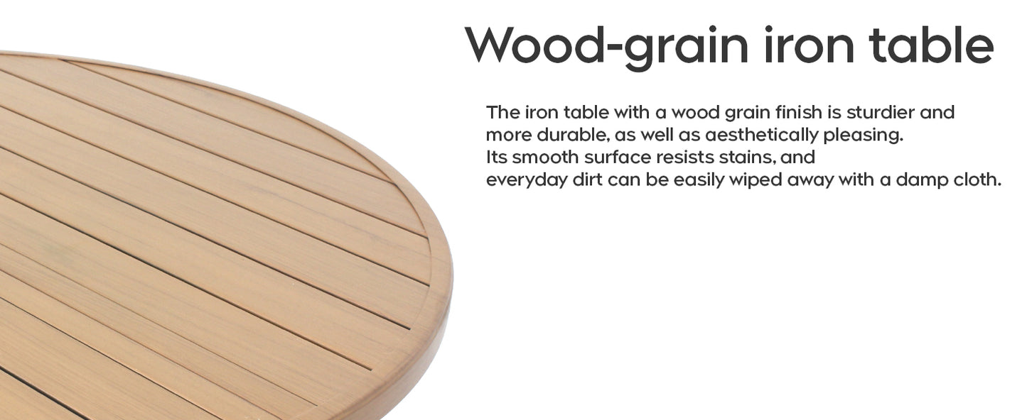 "Round Faux Wood Slat Patio Table 47" with Umbrella Hole, Realistic Wood Grain Top + Matte Black High-Quality Iron Legs, Rust-Resistant Outdoor Dining Table for Garden Patio Balcony