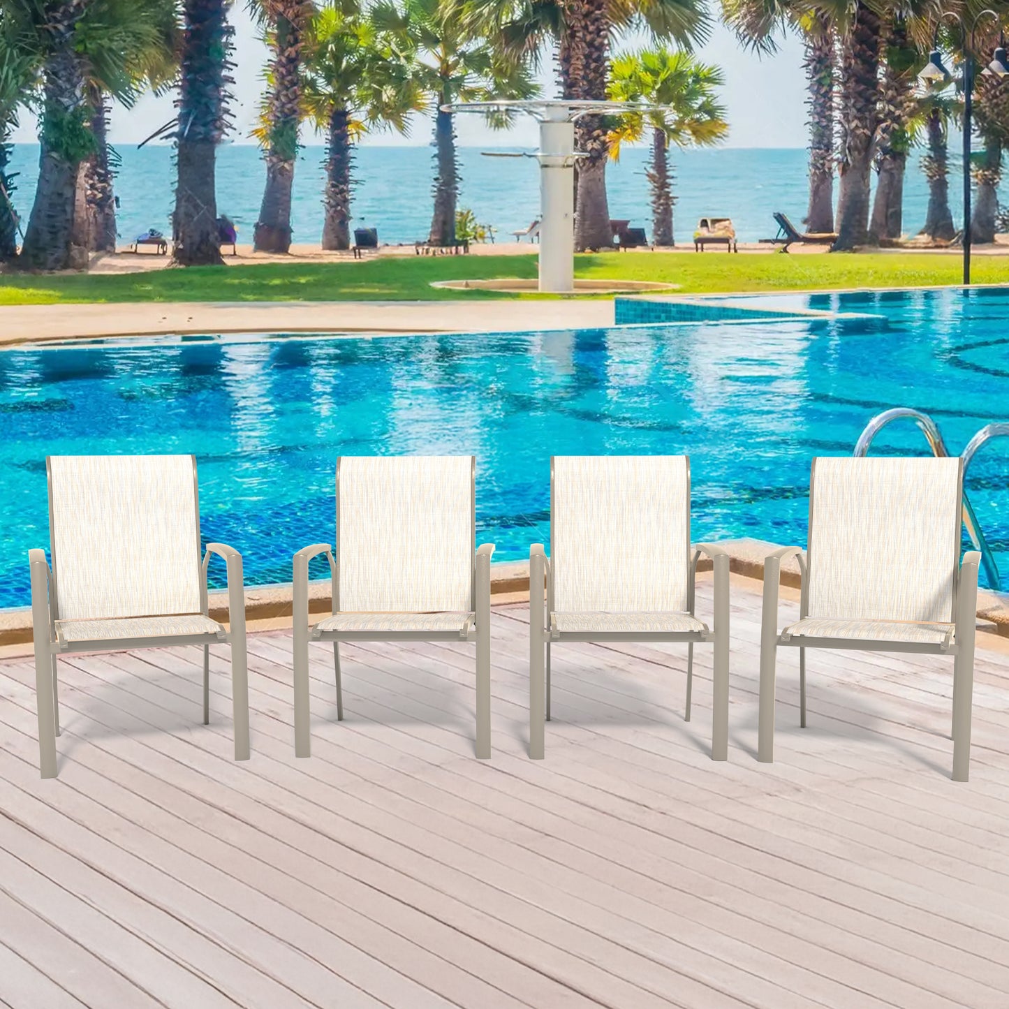 VRSHWO Garden Patio Chairs Set of 2, Weather Metal Outdoor Dining Chairs , Garden, Poolsides, Cream Color Frame