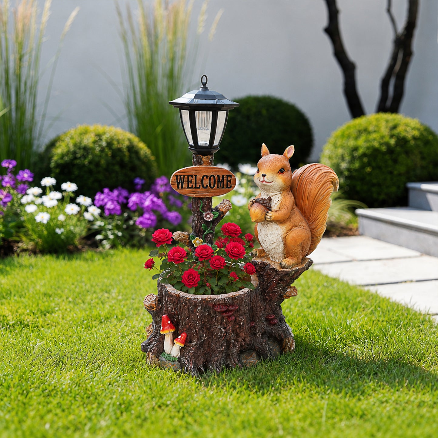 Cute Squirrel Garden Planter with Decorative Lantern - Polyresin Animal Figurine with Faux Oil Lamp for Outdoor Patio & Yard Decor