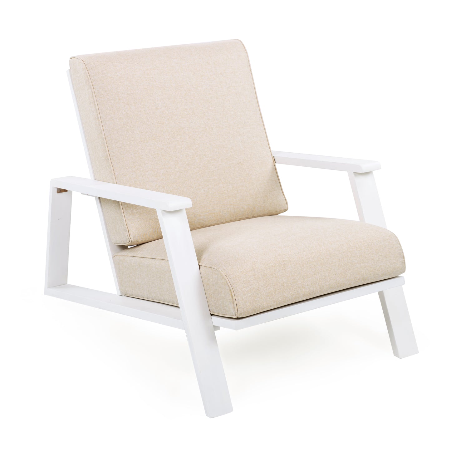 Patio Lounge Chair, Outdoor Club Chair with Beige Cushion and White Acacia Wood Frame